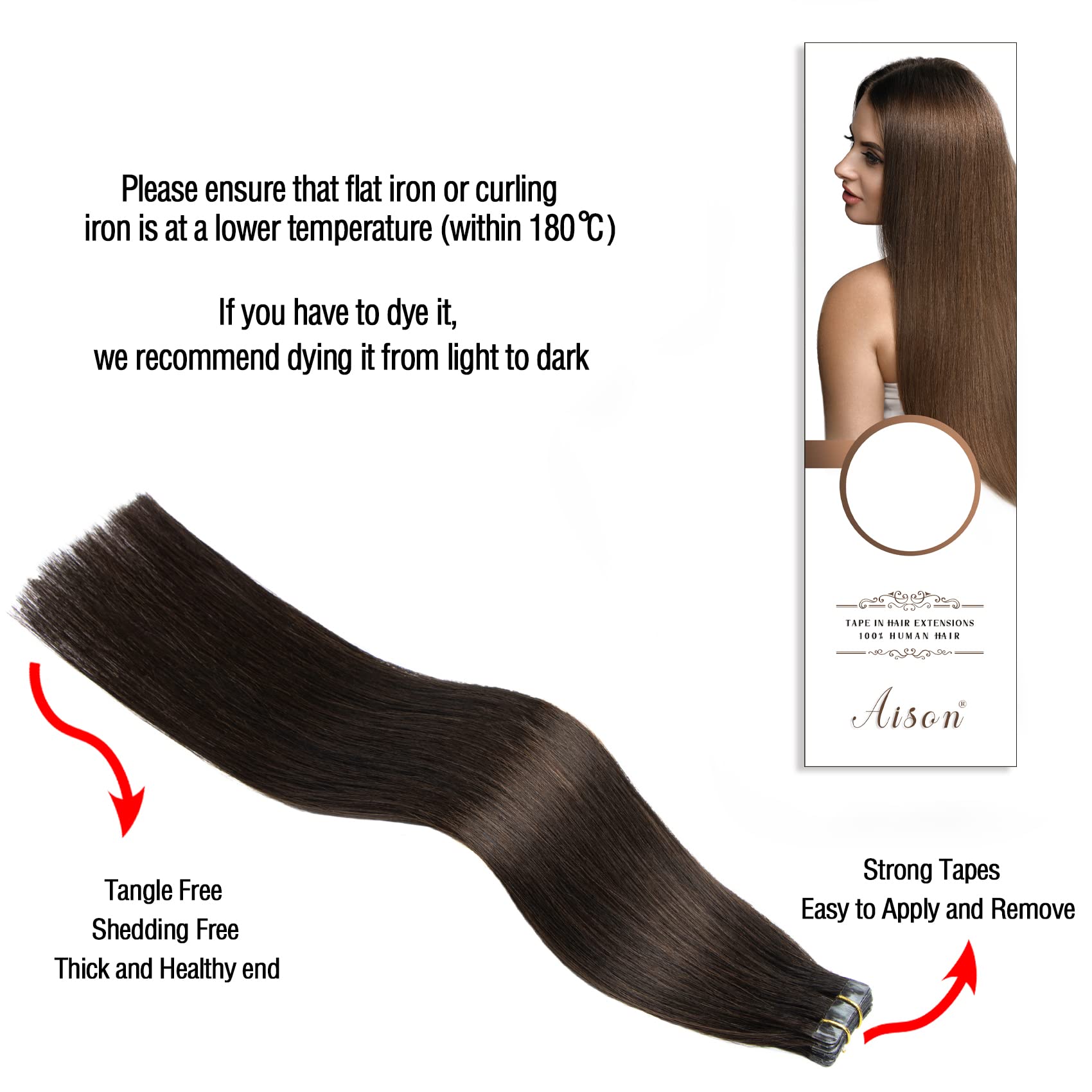Aison Dark Brown Tape In Hair Extensions Human Hair 100% Remy Human Hair Extensions Silky Straight For Fashion Women 20 Pcs/Pack