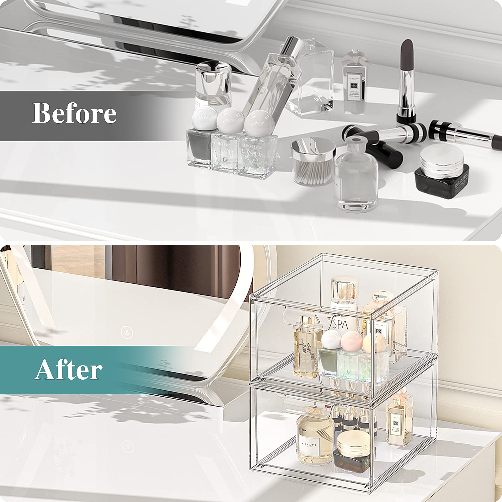 Spacehacks 4 Pack Stackable Makeup Organizer And Storage, Acrylic Organizers,Clear Plastic Storage Drawer With Handles For Vanit