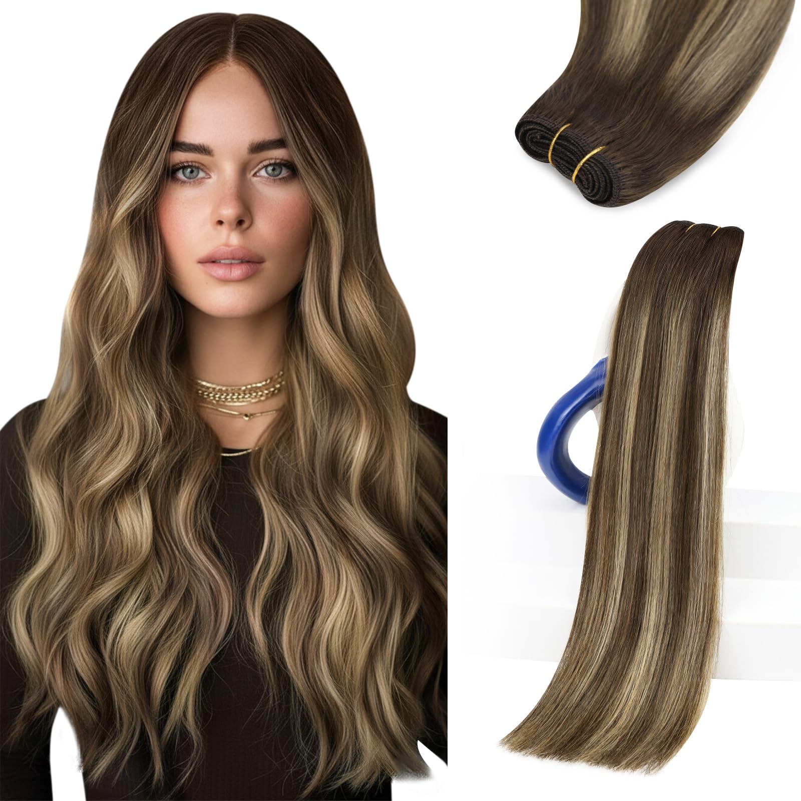 Sunny Hair Weft Hair Extensions Human Hair Balayage 18 Inch Sew in Hand-Tied Dark Brown to Golden Blonde Long Double-Wefted Bund