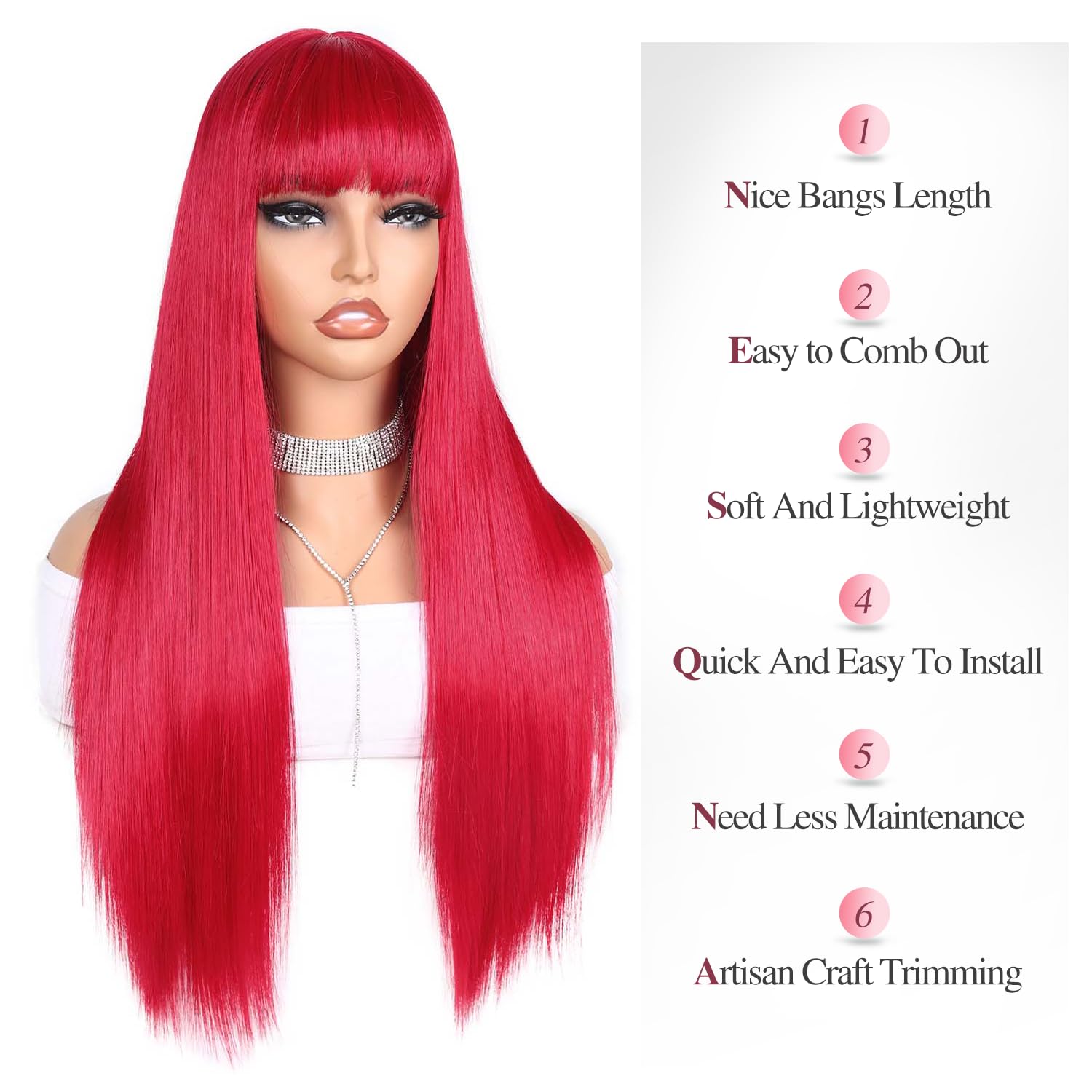 Wiger Long Red Wigs With Bangs Straight Red Hair Wig For Women Long Hot Pink Bangs Wig Full Cosplay Wig For Women Synthetic Natu