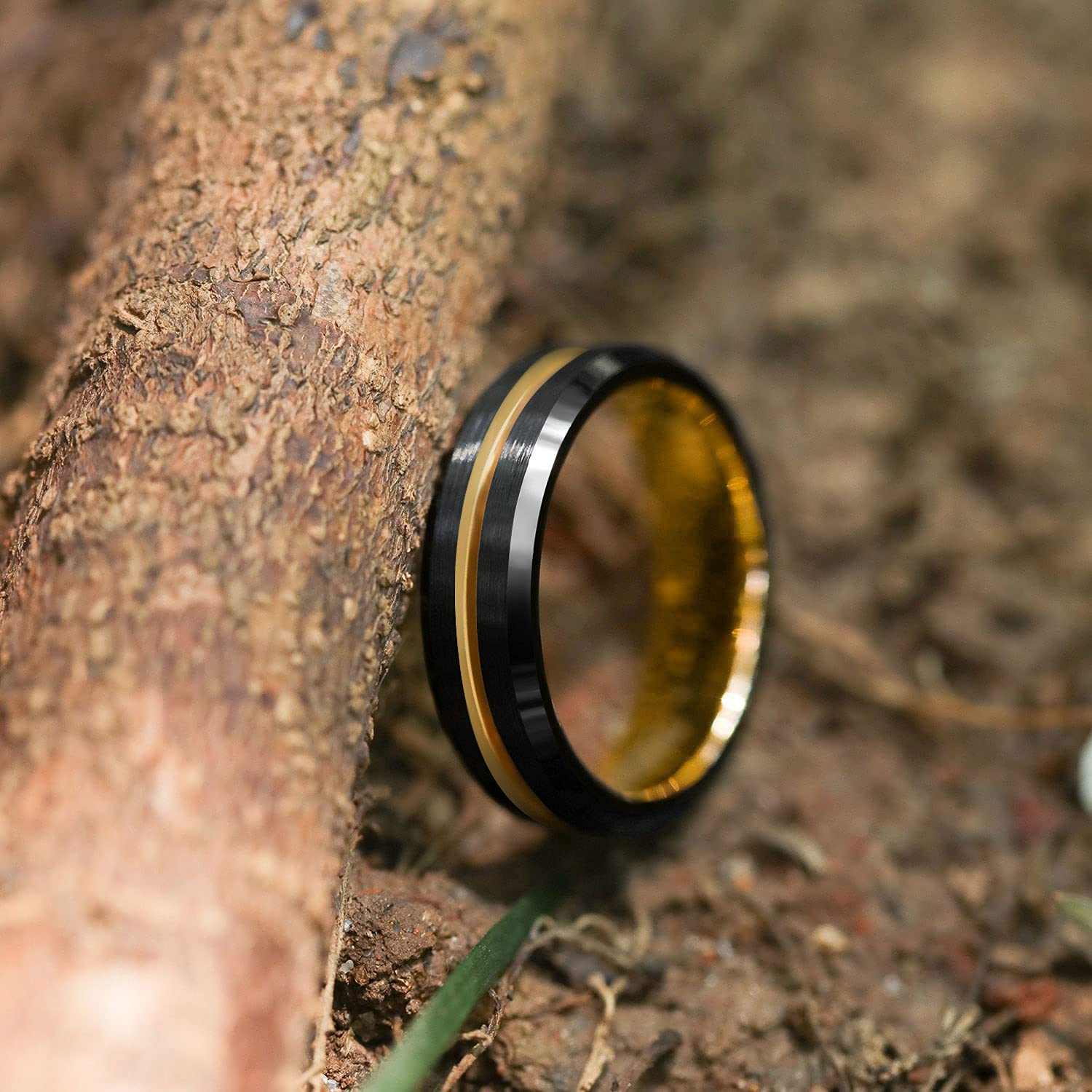 Greenpod 6mm Mens Black Tungsten Ring with Thin Gold Groove Beveled Edge Comfort Fit Size 10