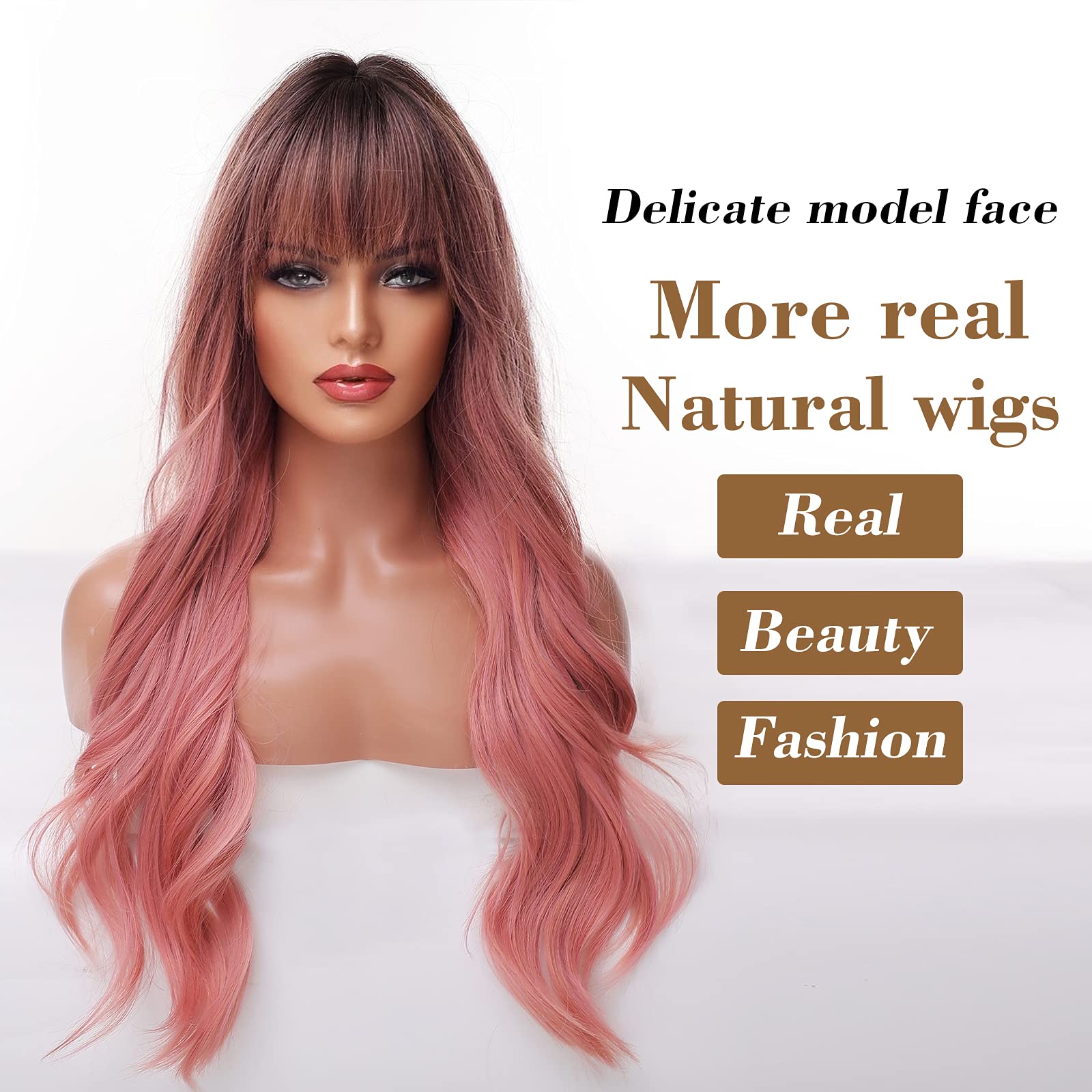 Emmor Long Ombre Pink Wig For Women - Natural Curly Hair Synthetic Wigs With Bang Dark Root, Party Cosplay Daily Use (2Pcs Free