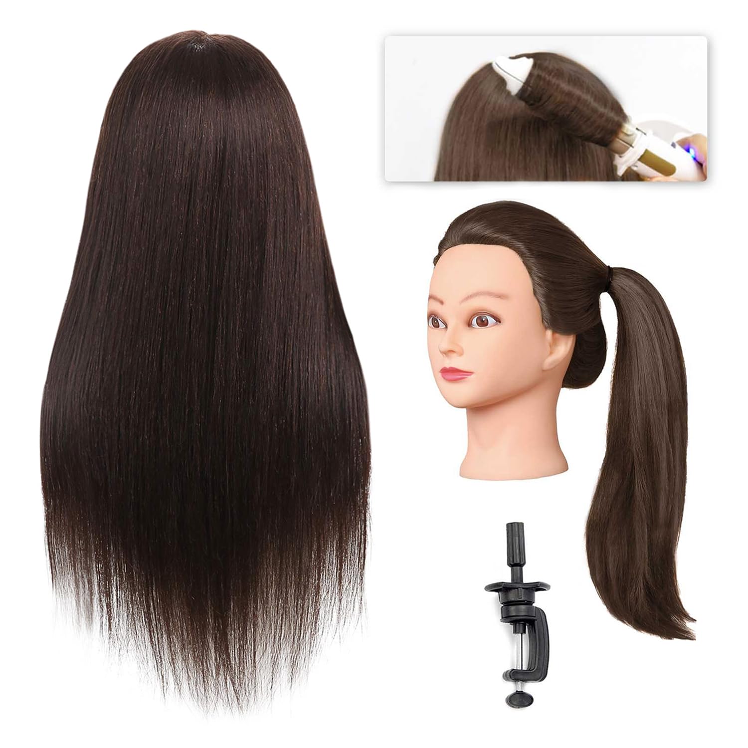 Armmu Mannequin Head with 80% Human Hair, 26"-28" Training Head, #4 Brown, Includes 9 Tools & Clamp, Model AR-Mixed 4