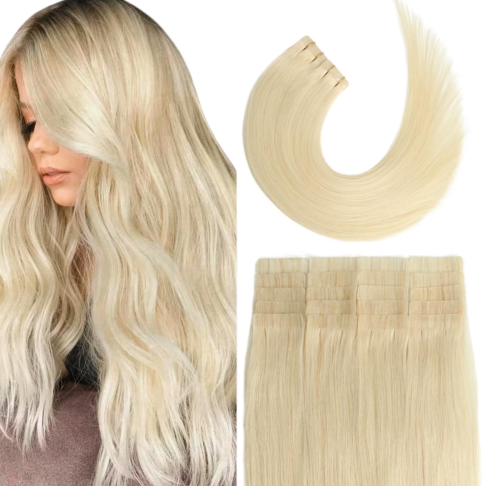 Blonde Tape In Hair Extensions Human Hair, Platinum Blonde Remy Human Hair Extensions Silky Straight For Fashion Women 20 Pcs/Pa