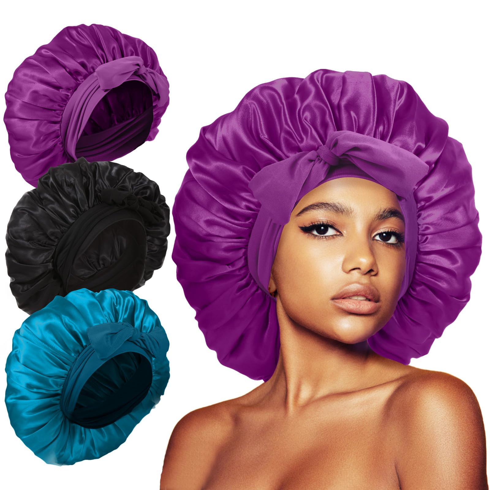 3Pcs Bonnet Silk Bonnet For Sleeping, Satin Bonnet For Sleeping Hair Bonnets For Sleeping Black Curly Hair Women Extra Large Jum