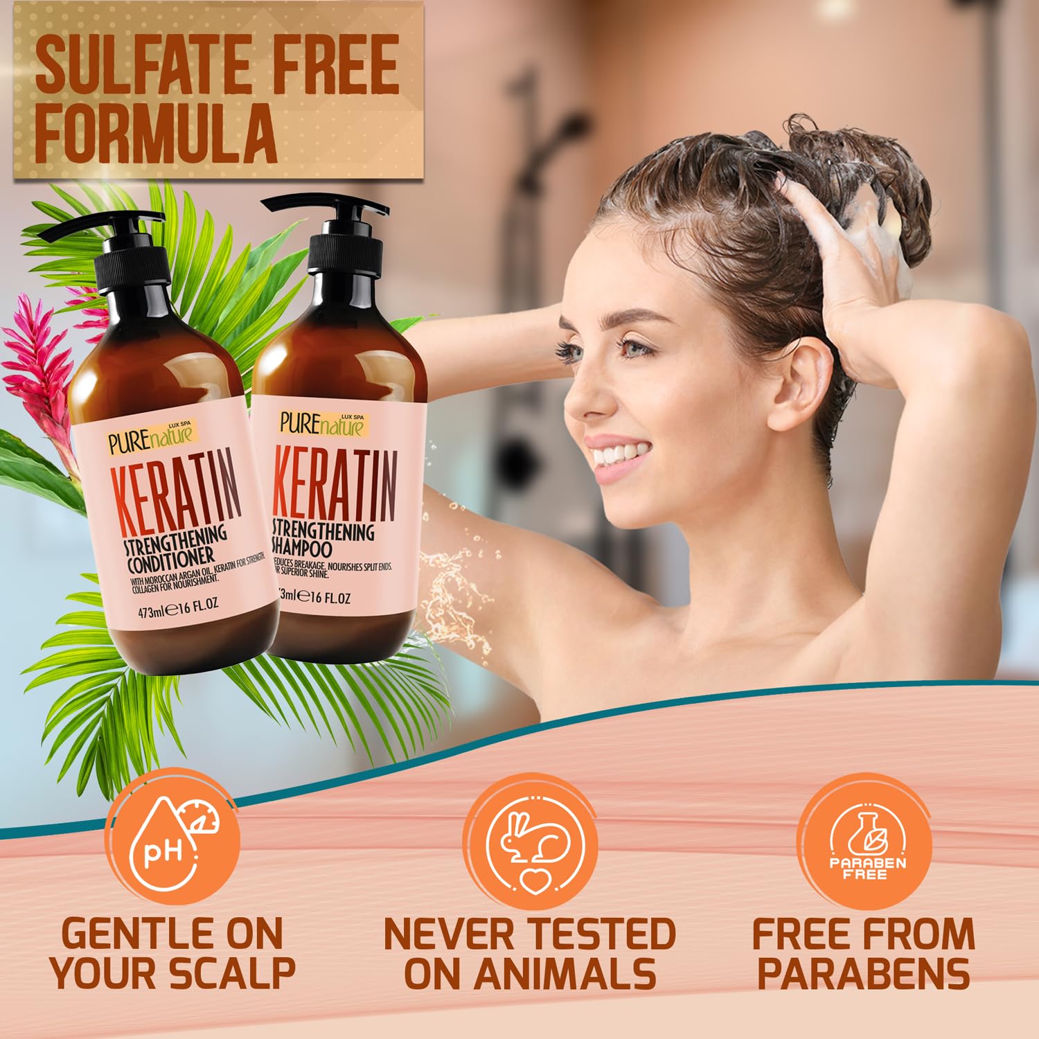 Keratin Shampoo and Conditioner Set - Sulfate and Paraben Free Treatment for Dry Hair - Anti Frizz, Collagen Enriched Formula fo
