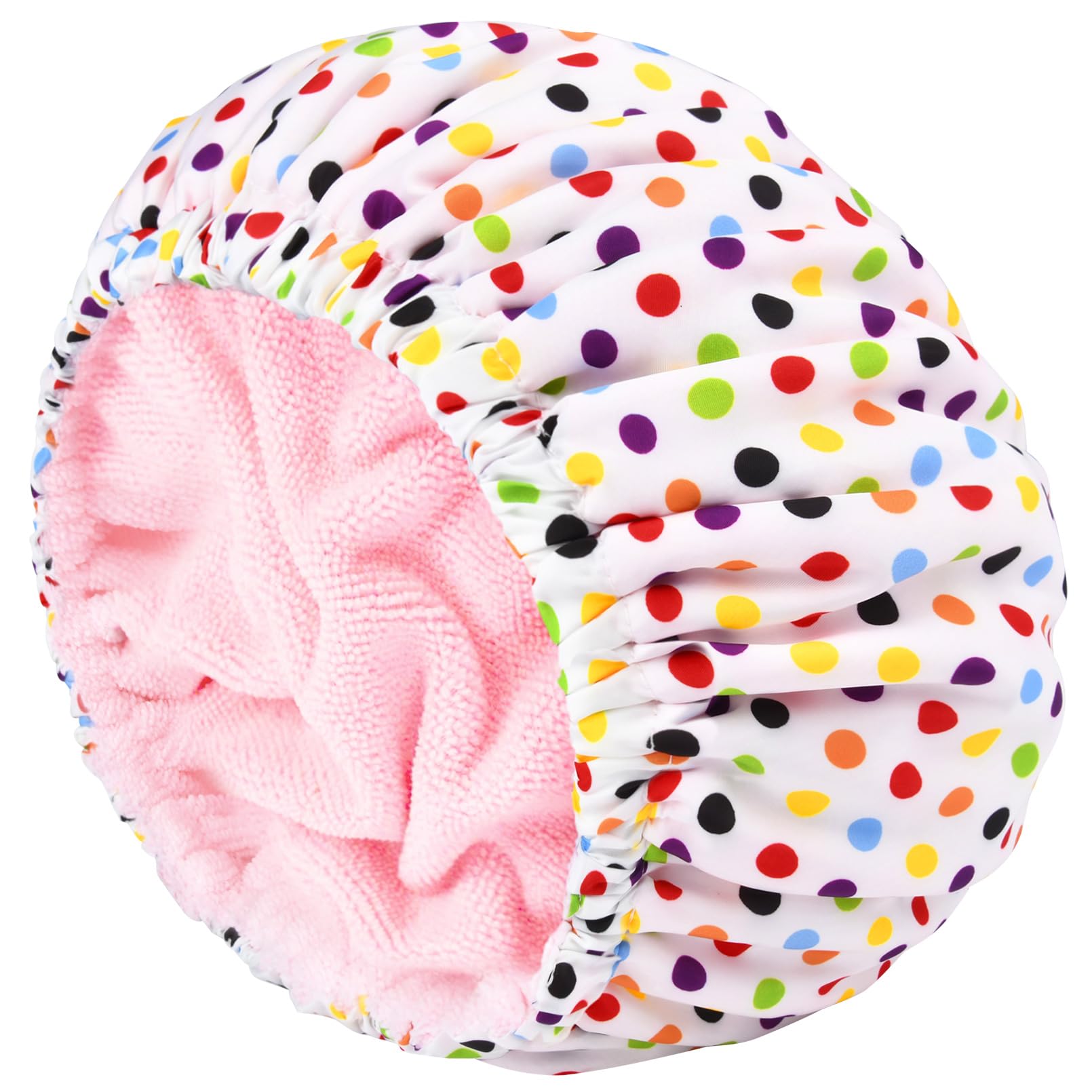 Shower Cap For Women Terry Lined Bath Cap Large Reusable Waterproof Elastic Band Pink Point Shower Caps For Long Thick Hair Soft