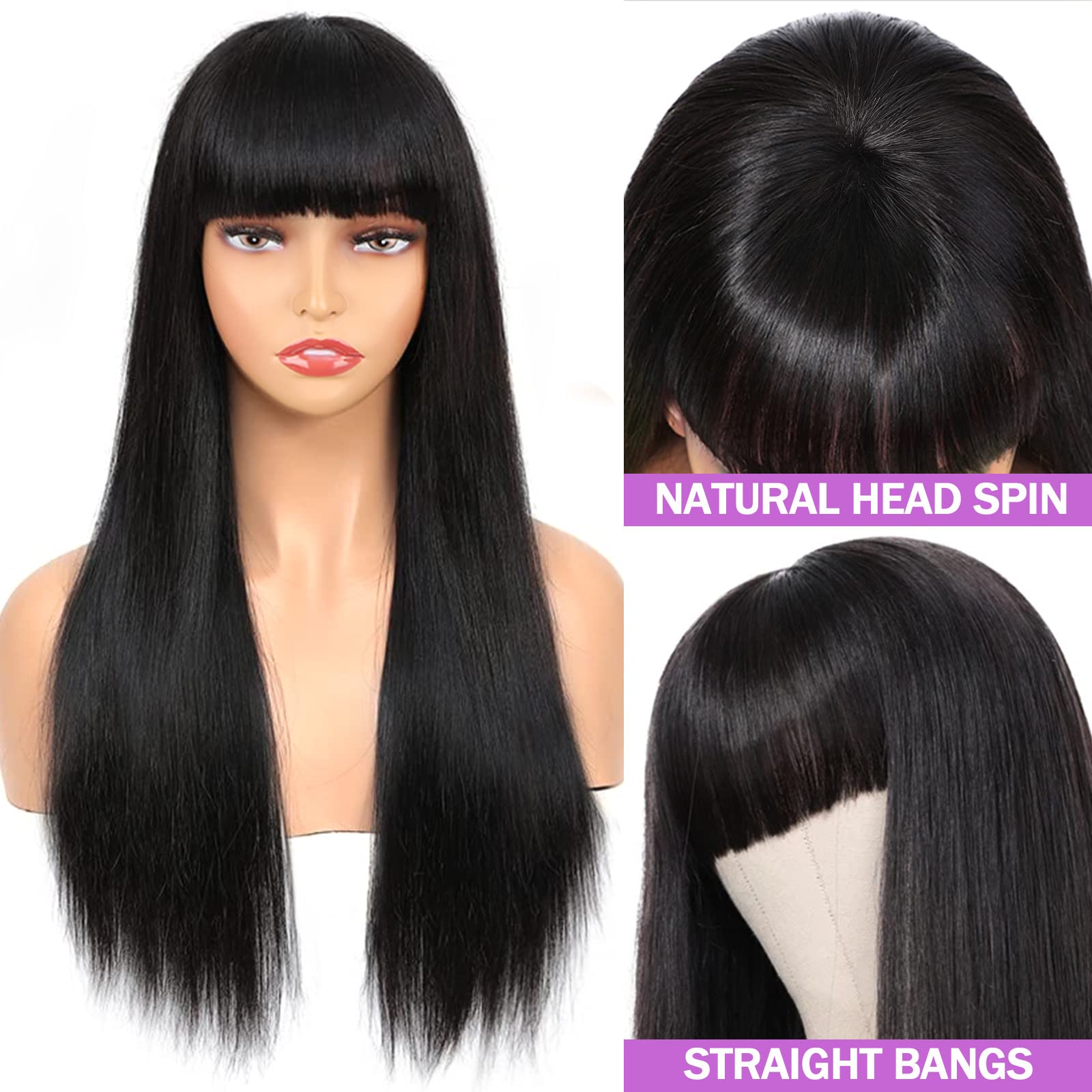Human Hair Wigs With Bangs Straight Bang Wigs For Black Women Human Hair 150% Density Brazilian Glueless None Lace Front Wig Hum