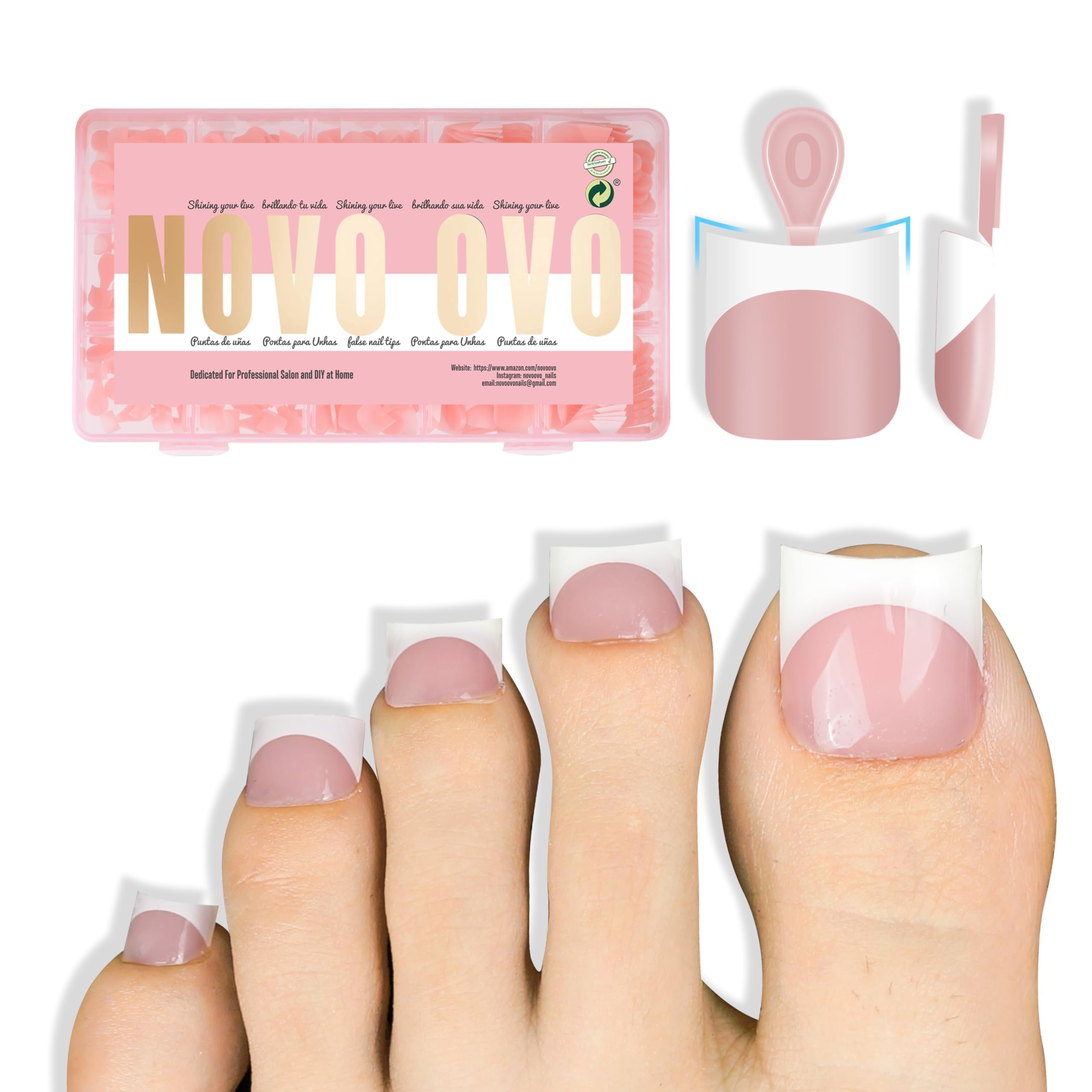 NOVO OVO Halloween Short Toe Nail Tips White French Tip with Moon Curve, BABY PINK Thick Sharp Square Toenail Extension, Soft Ge