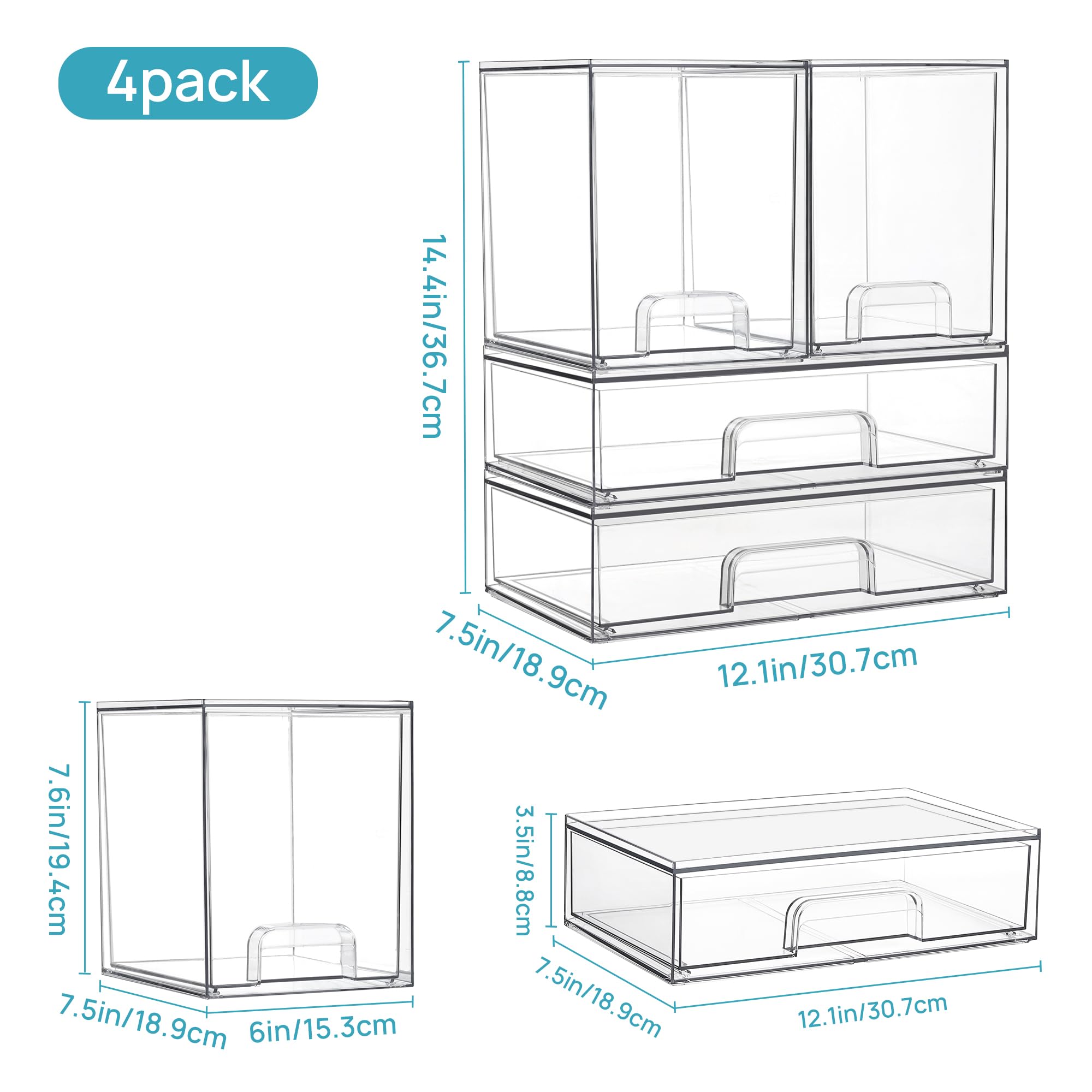 Vtopmart Stackable Storage Drawers Set Of 4,Clear Plastic Organizer Bins For Makeup, Cosmetics, Beauty Supplies,Ideal For Vanity