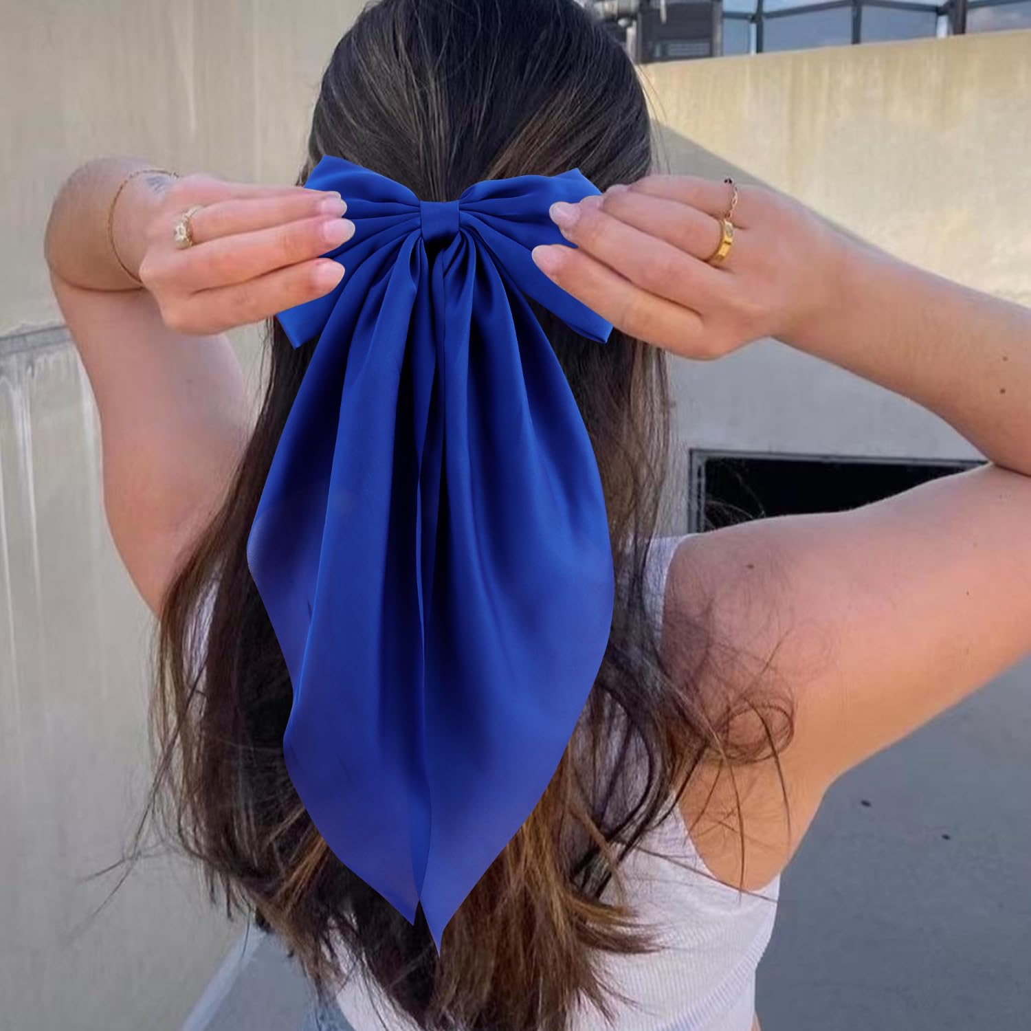Atoden Silky Satin Oversized Long Tail Bowknot Hair Accessories - 2 Pcs Big Blue Barrettes With Metal Clips For Women