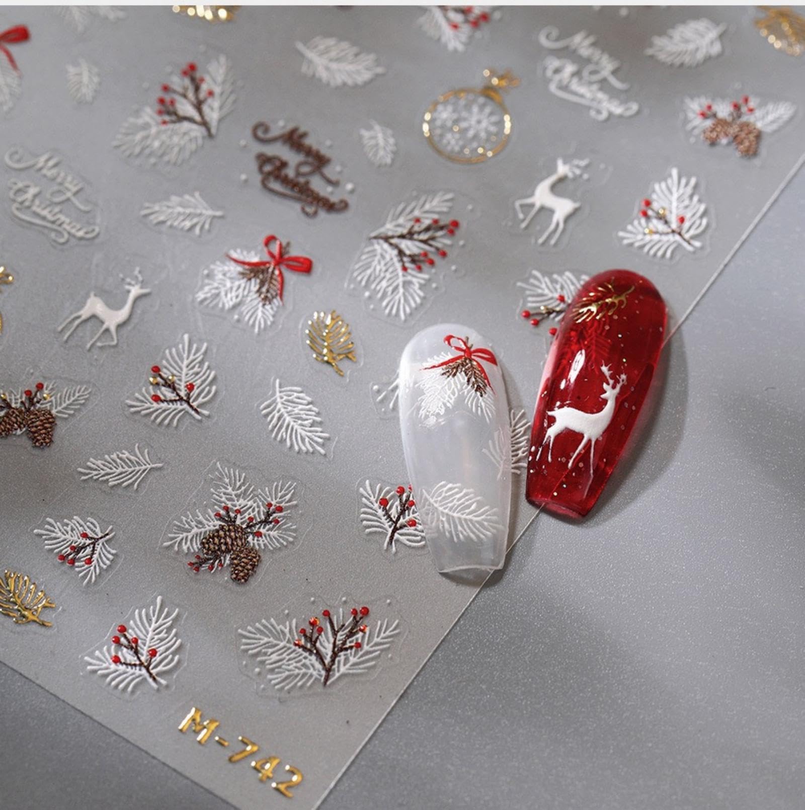 Christmas Nail Art Stickers 5D Embossed Elk Nail Stickers Cute Self-Adhesive Snowflake Feather Leaf Xmas Nail Decals Decoration