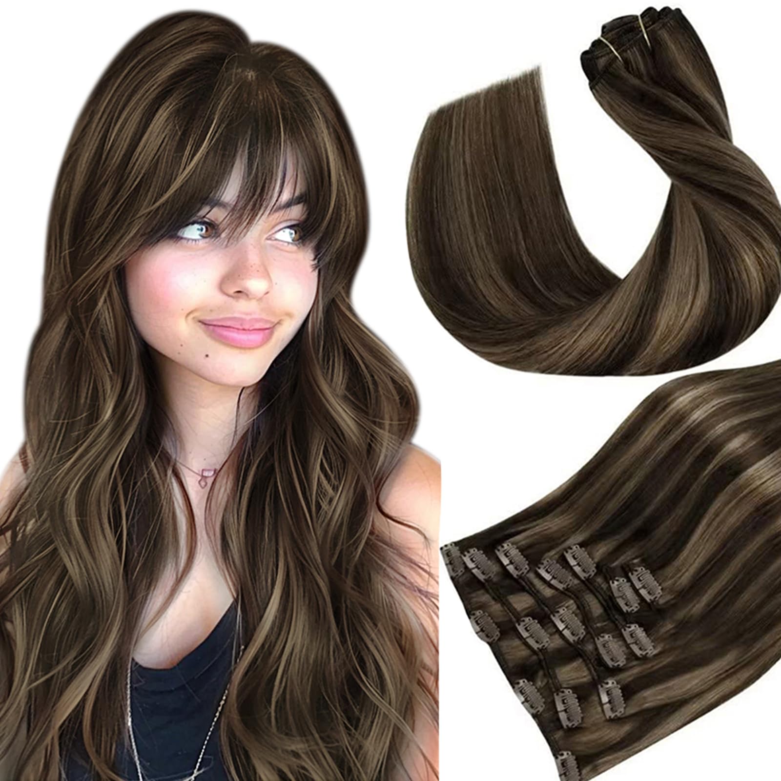 Hetto Clip in Real Human Hair Extensions Highlighted Brown Hair Clip in Hair Extensions 18 Inch Clip in Straight Real Human Hair