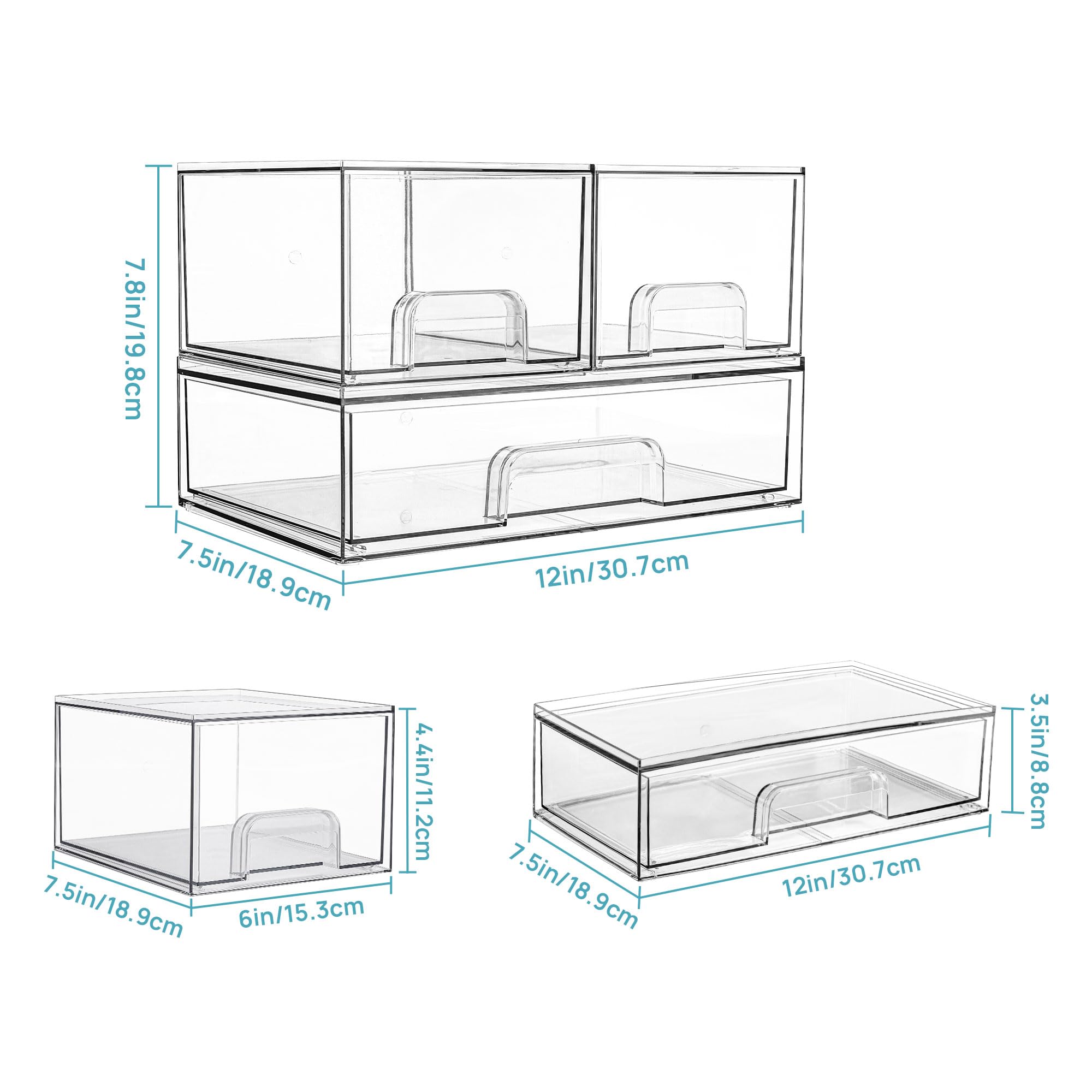 Vtopmart Stackable Storage Drawers Set Of 3, 12'' Wide And 4.4'' Tall Clear Plastic Organizer Bins For Makeup, Cosmetics, Beauty