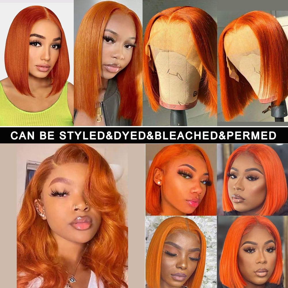 Guebb Glueless # 350 Ginger Orange 13X4 Hd Transparent Lace Front Bob Wig Human Hair Pre Plucked Lace Frontal Short Blunt Cut Bo