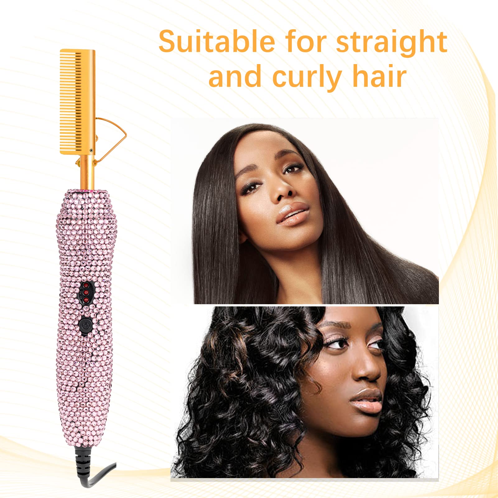Diamond Electric Adjustable Temperature Hair Straightener Brush Set For Wigs And Natural Black Hair (Gold)