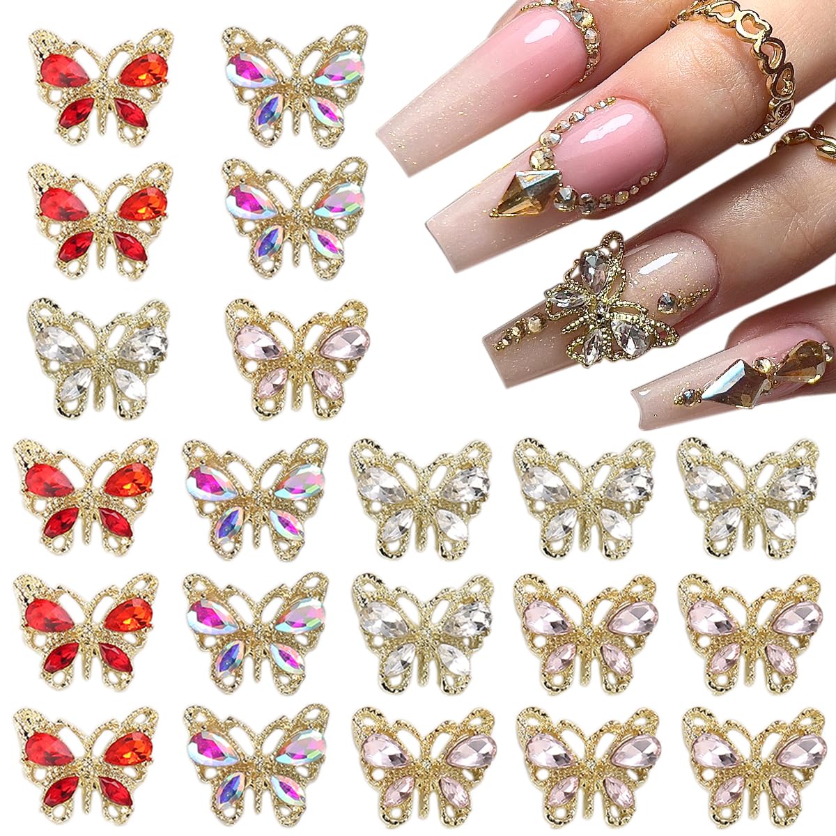 20Pcs Butterfly Nail Charms, 3D Butterfly Shape Nail Rhinestones, AB Color Red Pink Diamond Gems for Nail Art, Metal Gold Butter