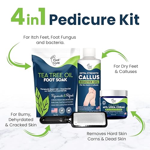 FOOT CURE Foot Care Set – Exfoliator, Callus Remover & Tea Tree Oil Salts, 4 Piece, Green, Made in USA