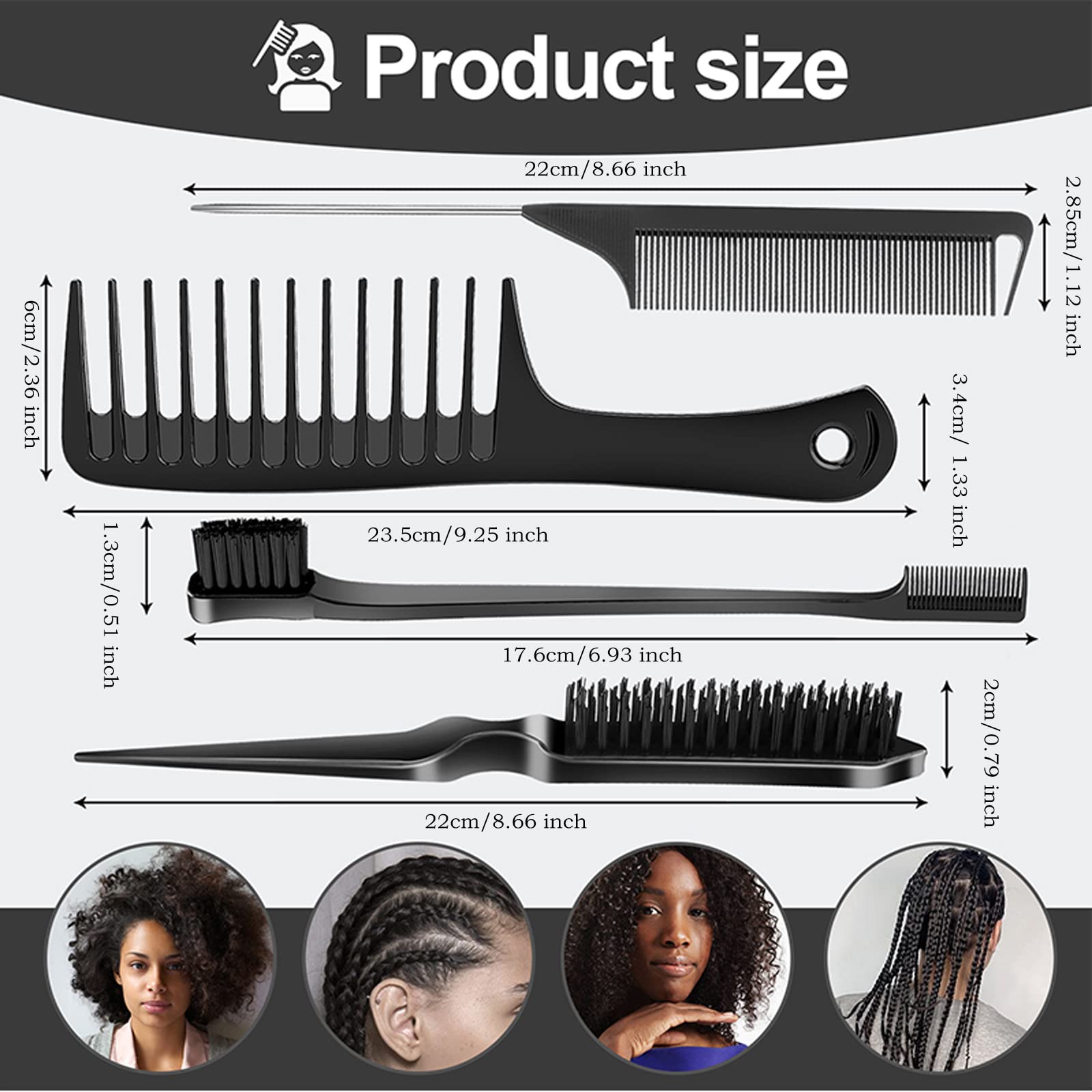 SWEET VIEW 4 Pcs Hair Styling Brush Set with 1 Pcs Edge Brush 1 Pcs Bristle Hair Brush 1 Pcs Rat Tail Comb 1 Pcs Wide Tooth Comb
