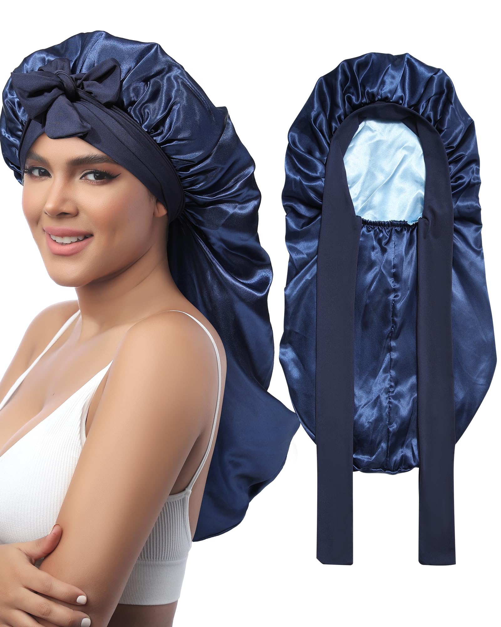 AWAYTR Long Satin Bonnet for Sleeping - Double Layer Reversible Silk Bonnet for Long Hair Women Sleeping Cap with Tie Band (Navy