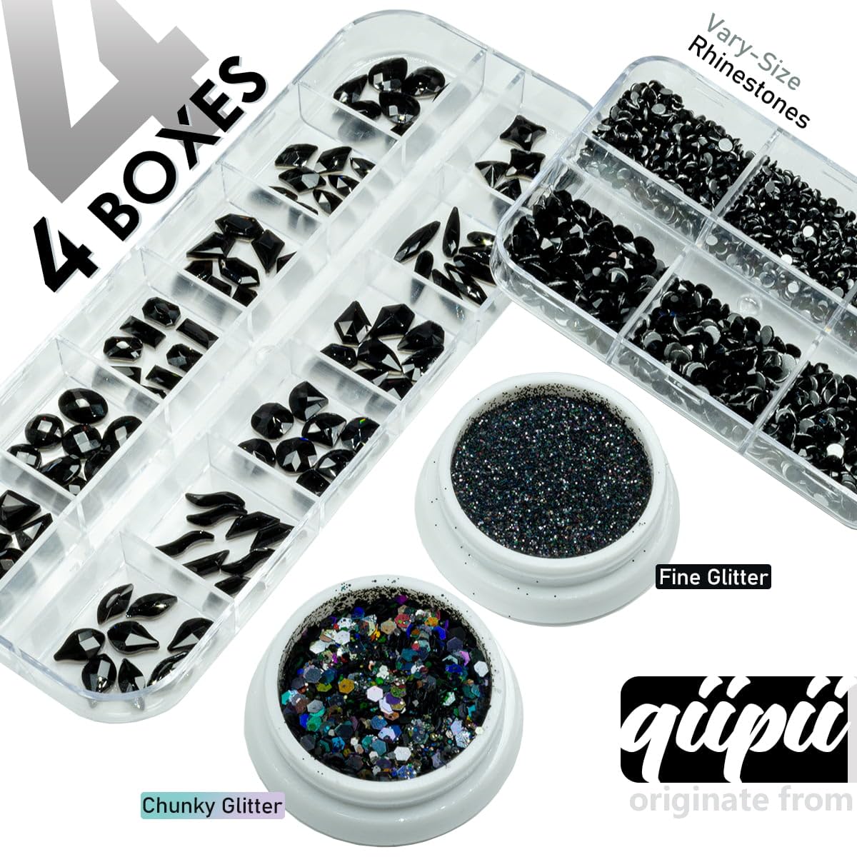 4 Boxes Black Nail Rhinestones Nail Glitters Kit, 24 Shapes K9 Glass Jet Black Gems Flatback Round Gems Stones Diamonds Crystals