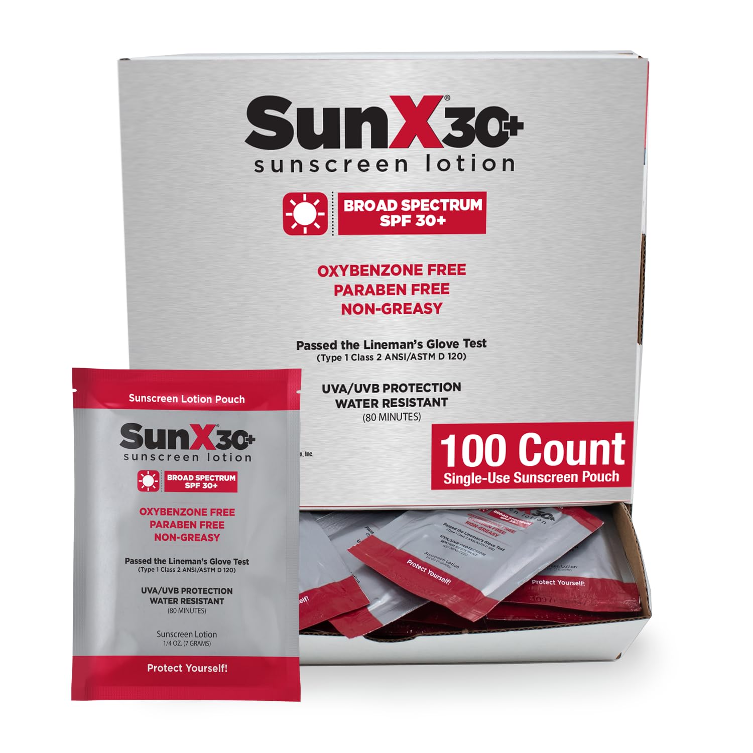 Sun X 30+ Spf Individual Sunscreen Packets Travel Size - Pack Of 100 Paraben, Oxybenzone, & White Cast Free Broad Spectrum Spf S