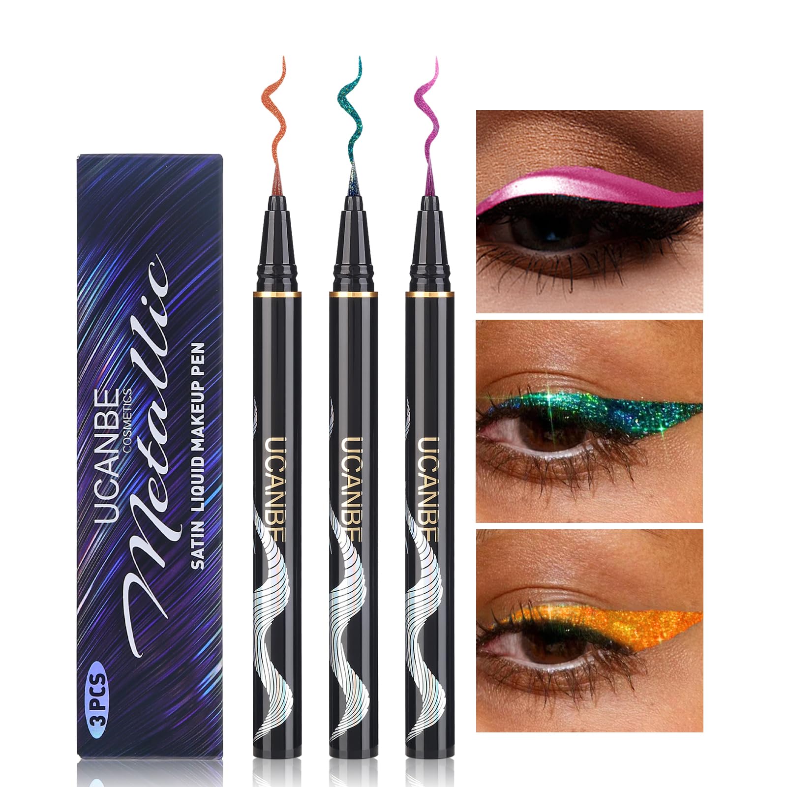 Ucanbe 3Pc Glitter Liquid Eyeliner Makeup Pen, Green, Pink, Orange Color Metallic Satin Finish Eye Liner Set, Long Lasting High