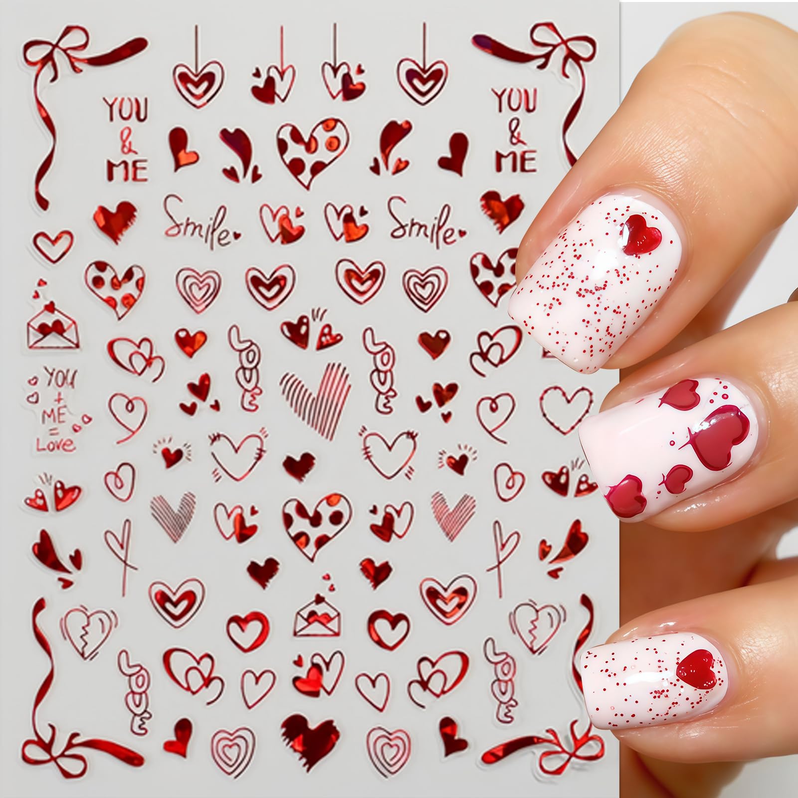 8Pcs Valentines Day Nail Art Stickers Decals Red Heart Nail Sticker Valentines Nail Decals 3D Self-Adhesive Laser Red Love Heart