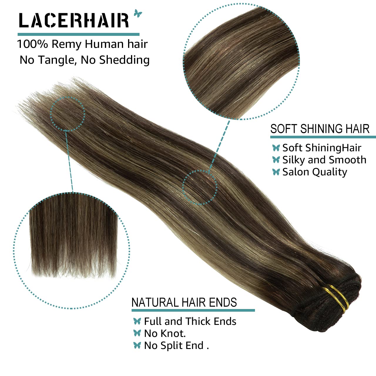 Lacer New Version Thick Hair Extensions Clip in Human Hair Silky Straight Dark Brown to Medium Brown Highlight Dark Brown R#2-2/