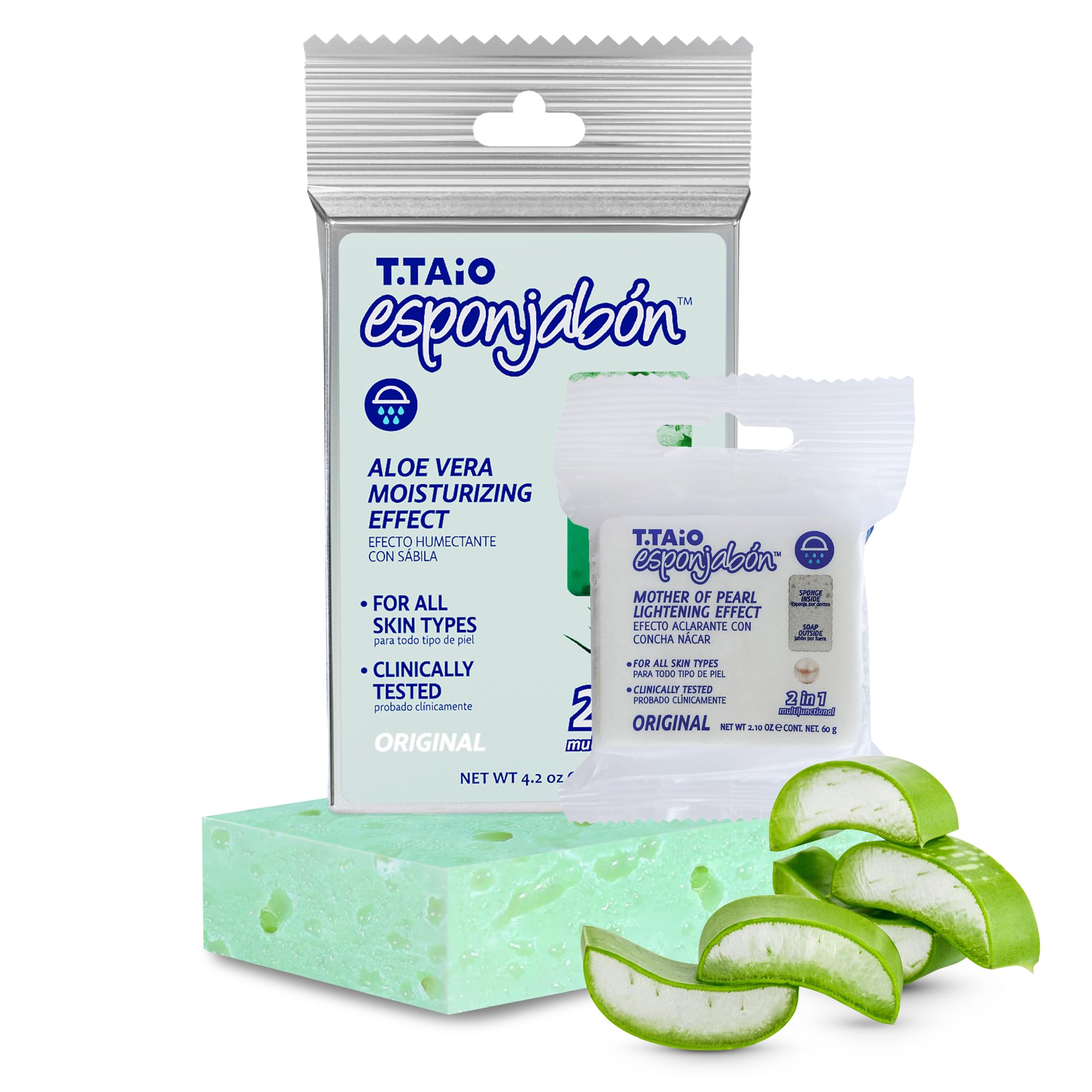T.Taio Esponjabon Aloe Vera Soap Sponge - Gentle Shower Scrubber With Mini Mother Of Pearl - Cleaning Bath Wash Scrub - Dirt & O