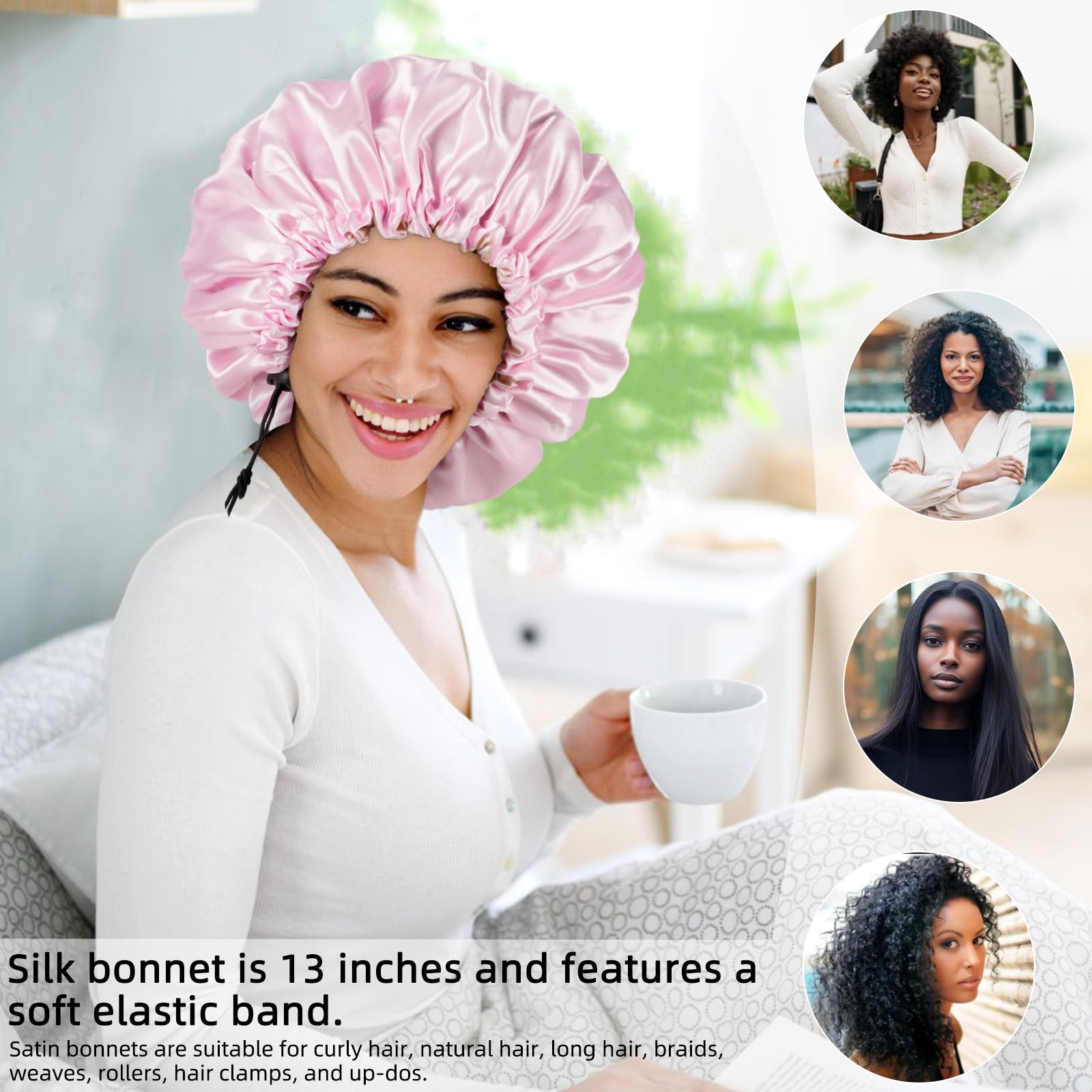 Satin Bonnet Silk Bonnet For Curly Hair Bonnet Braid Bonnet For Sleeping Bonnets For Women Large Double-Layer Adjustable(2Pcs Pi
