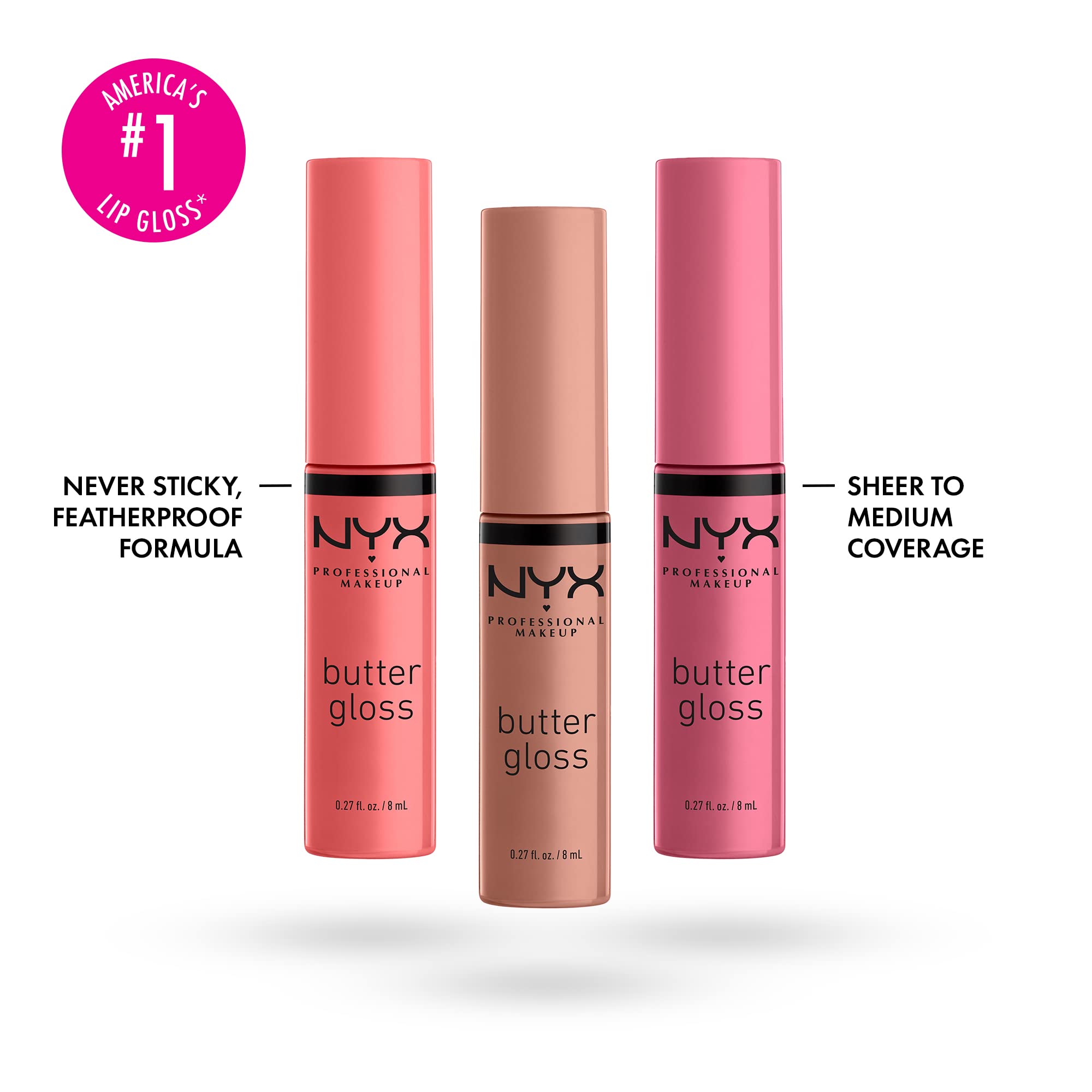NYX PROFESSIONAL MAKEUP Butter Gloss - Non-Sticky Lip Gloss, Pack of 3 (0.27 Fl Oz) - Angel Food Cake, Creme Brulee, Madeleine