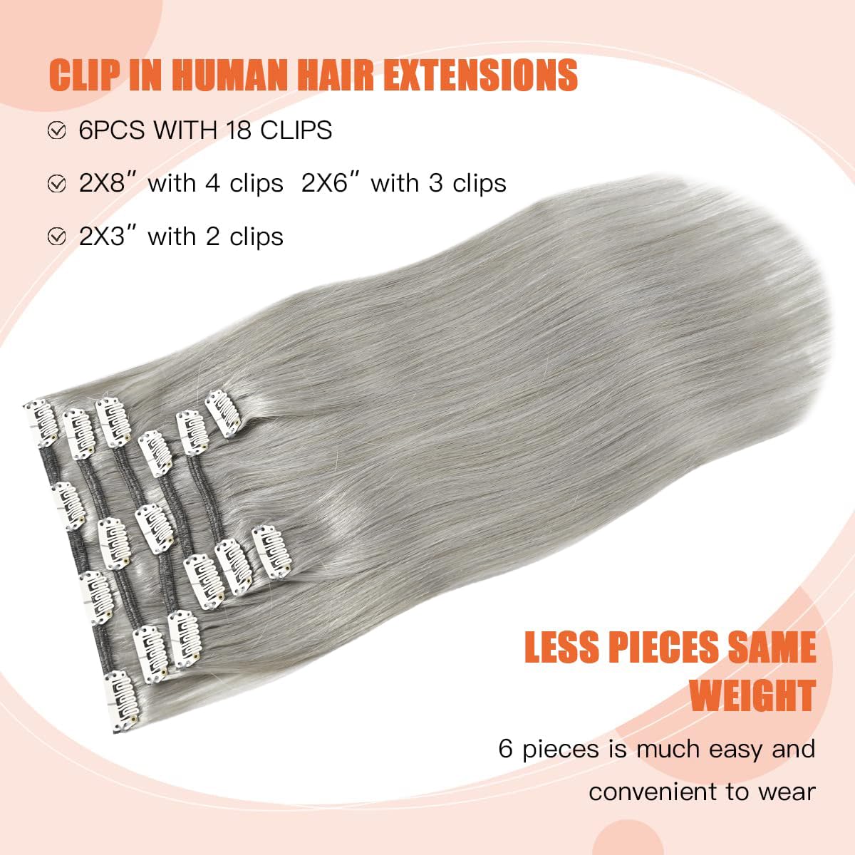 Silver Clip In Hair Extensions Real Human Hair 70G Gray Remy Human Hair Clip In Extensions 18 Inch Soft Silky Straight For Full