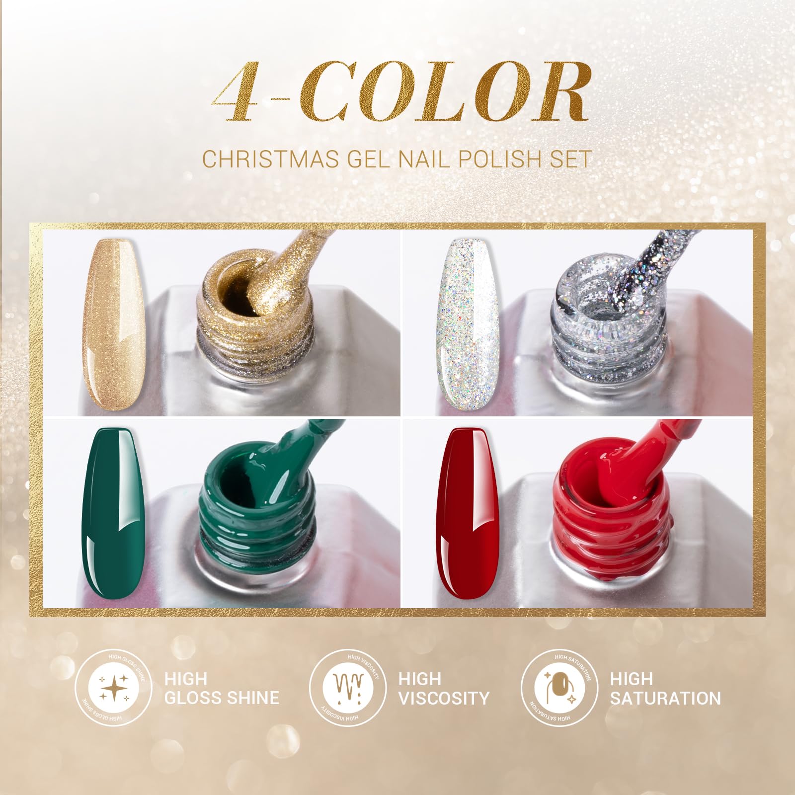 Melodysusie 15Ml Christmas Gel Nail Polish Set: Christmas 4 Colors Green And Red Gel Polish Nails Soak Off Uv Led Gold Silver Ge