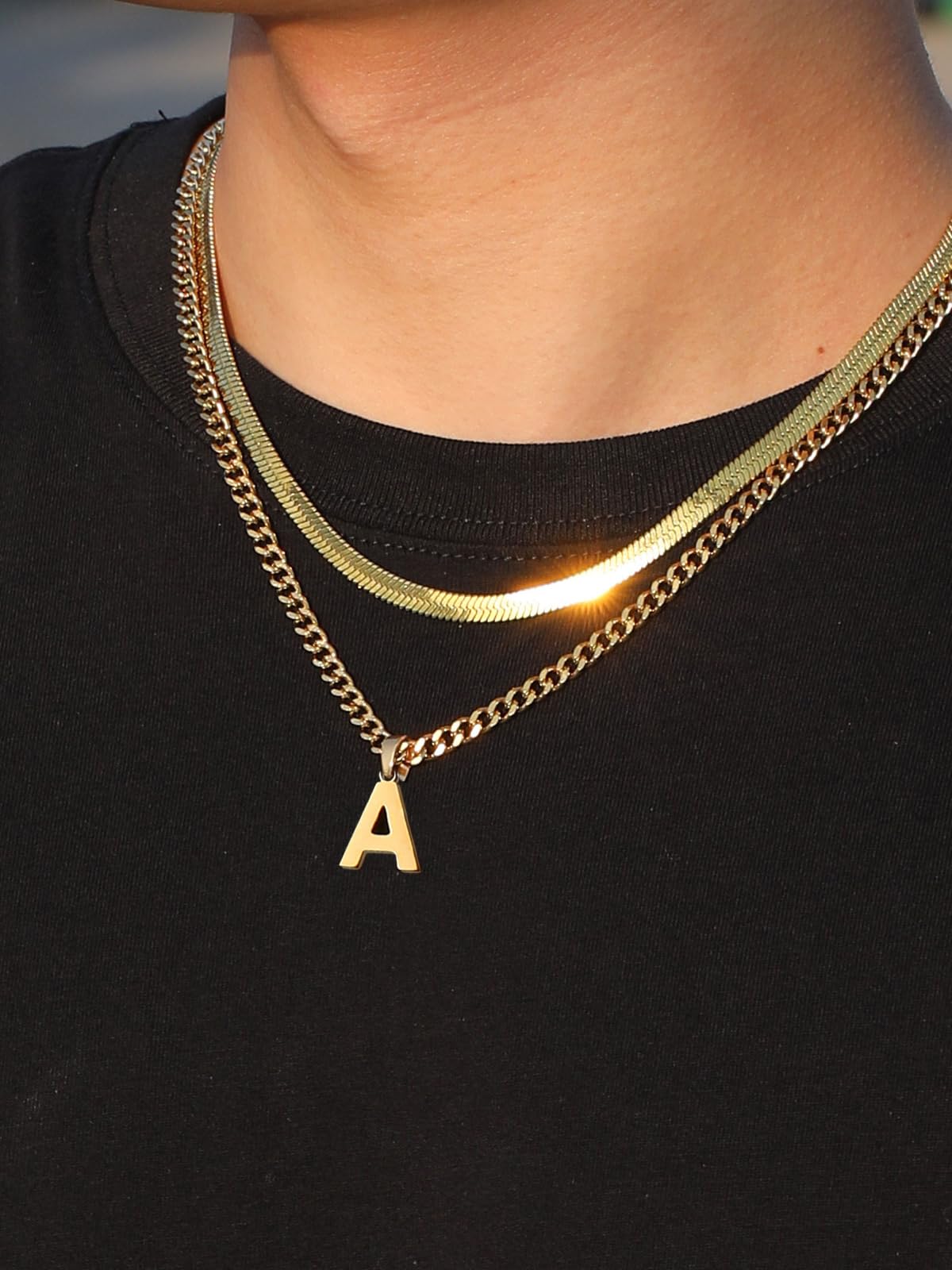P.BLAKE Layered Initial G Pendant Necklace for Men, Stainless Steel Letter Cuban Link Herringbone Chain Jewelry Collar Cadenas P