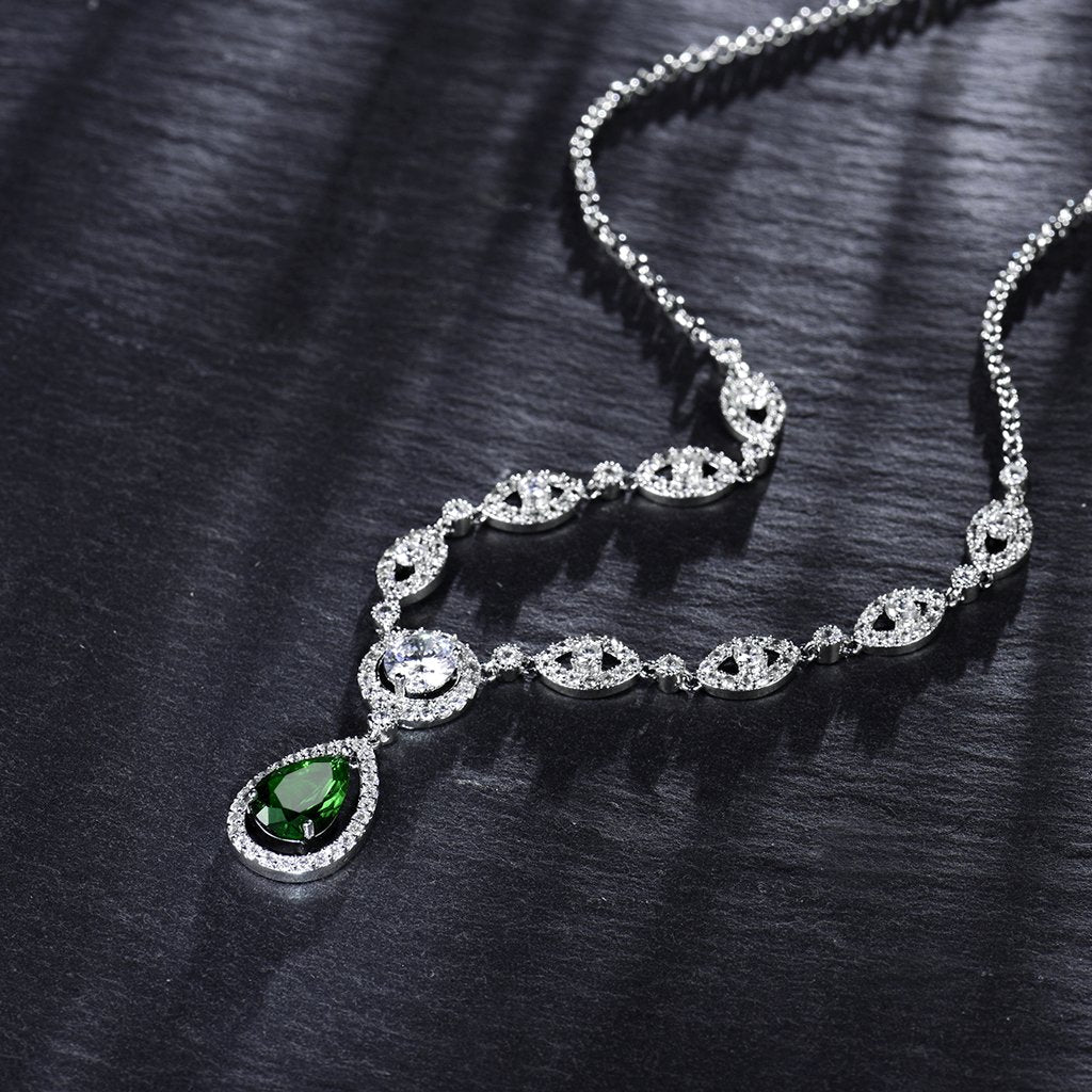 GULICX AAA Cubic Zirconia Women's Party Silver Tone Emerald-Color Jewelry Set Earrings Pendant Necklace