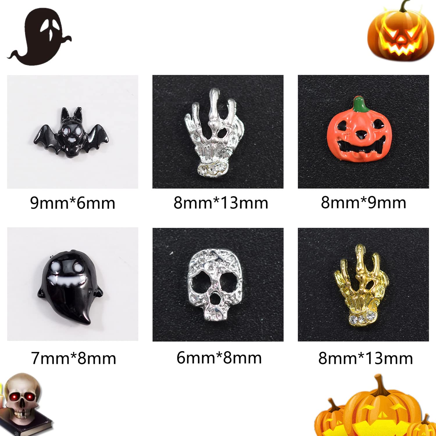 Wokoto 30Pcs Halloween Nail 3D Charms For Women Nails Metal Nail Charms For Acrylic Nails Bat Pumpkin Skull Hand Ghost Halloween