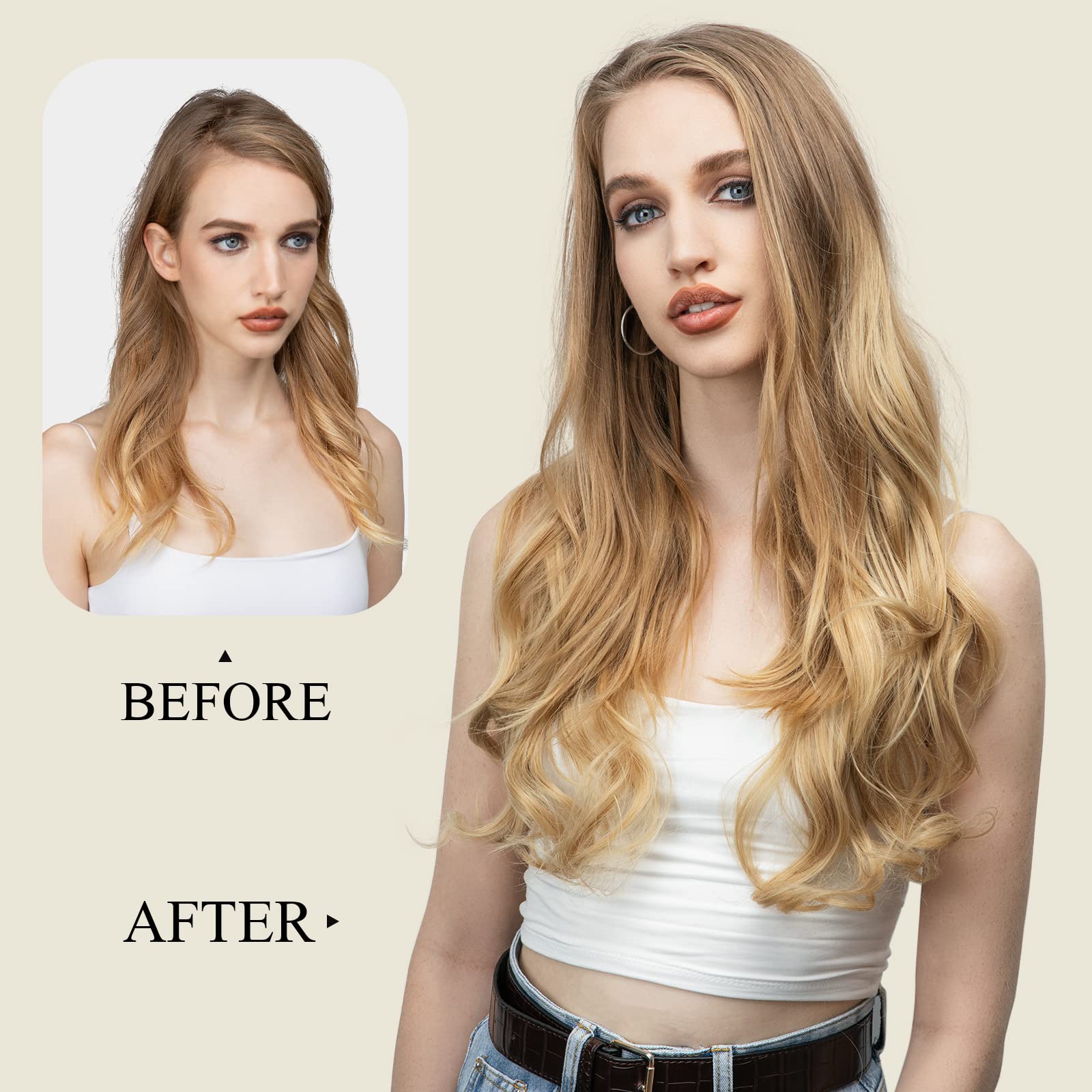 Sarla Clip In U Part Hair Extensions Synthetic Long Wavy Curly Thick Full Head Hairpiece For Women Light Auburn 24 Inch