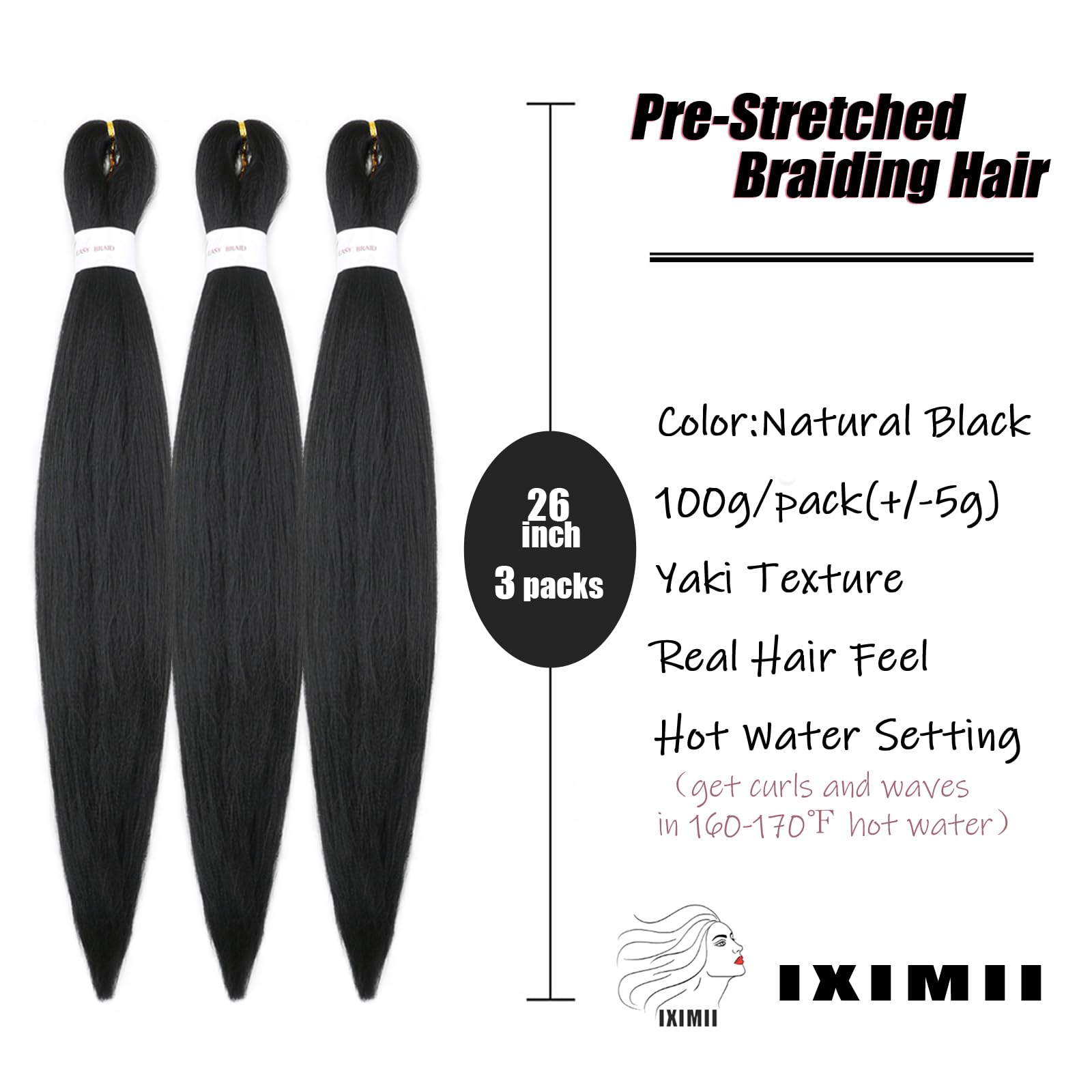 Iximii Black Pre Stretched Braiding Hair 26 Inch 3 Packs #1B Prestretched Kanekalon Hair Soft Long Straight Synthetic Braids Yak