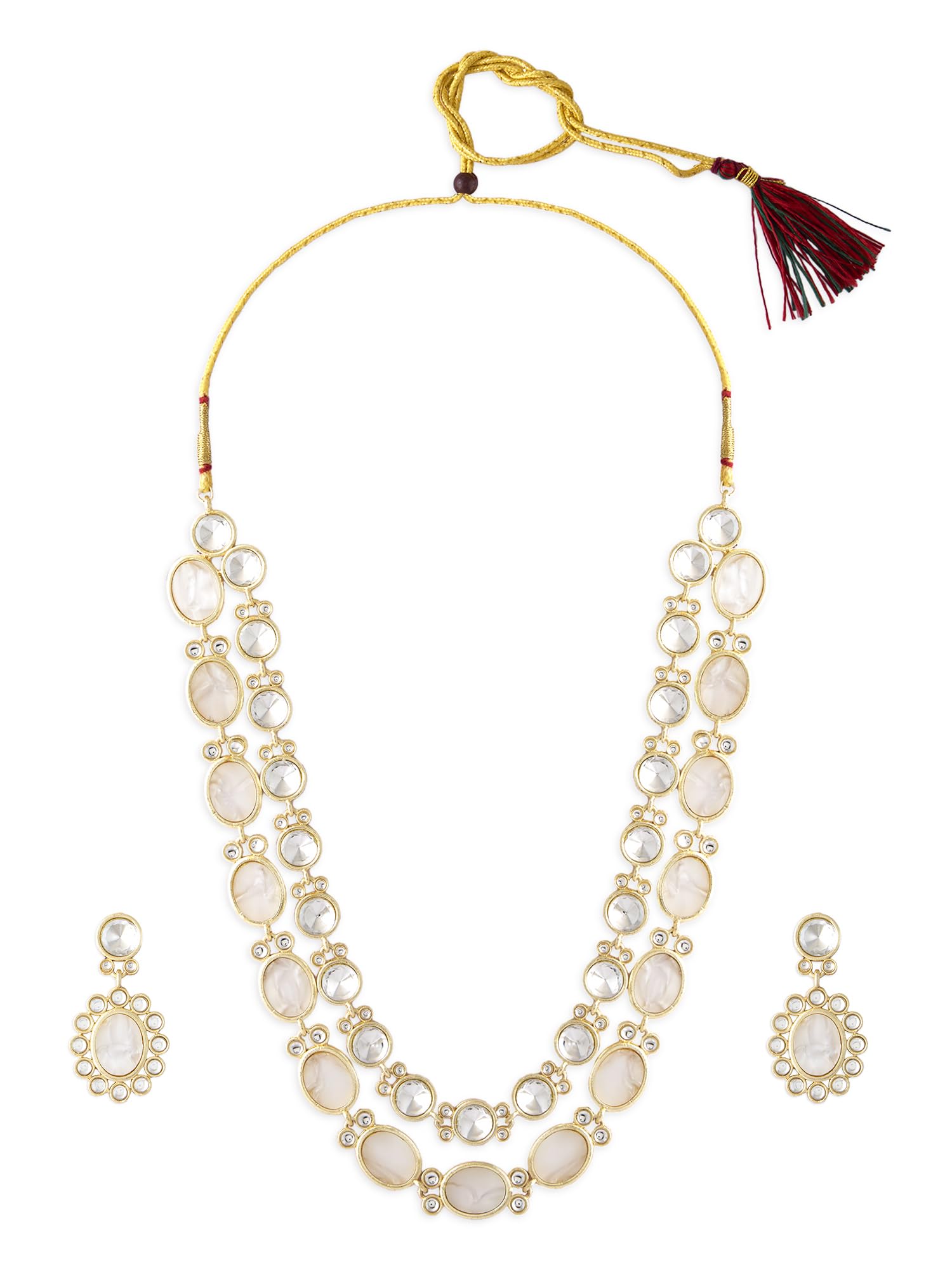 Zaveri Pearls Gold Tone Dazzling Stones Mother Of Pearls Embellished Layered Necklace & Earring Set For WomenZpfk18023