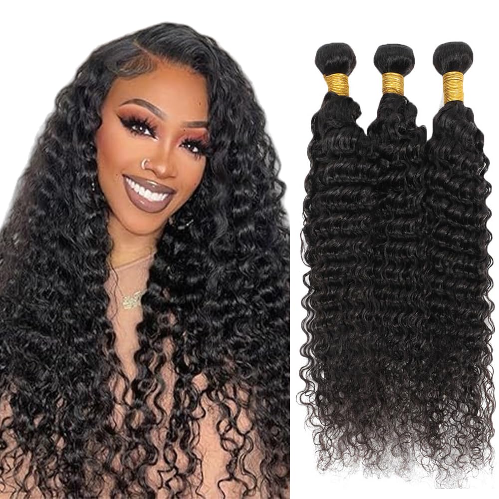 20 20 20 Inch Deep Wave Bundles Human Hair 3 Bundles 50 Grams Per Bundle 10A Grade Unprocessed Brazilian Virgin Hair #1B Natural