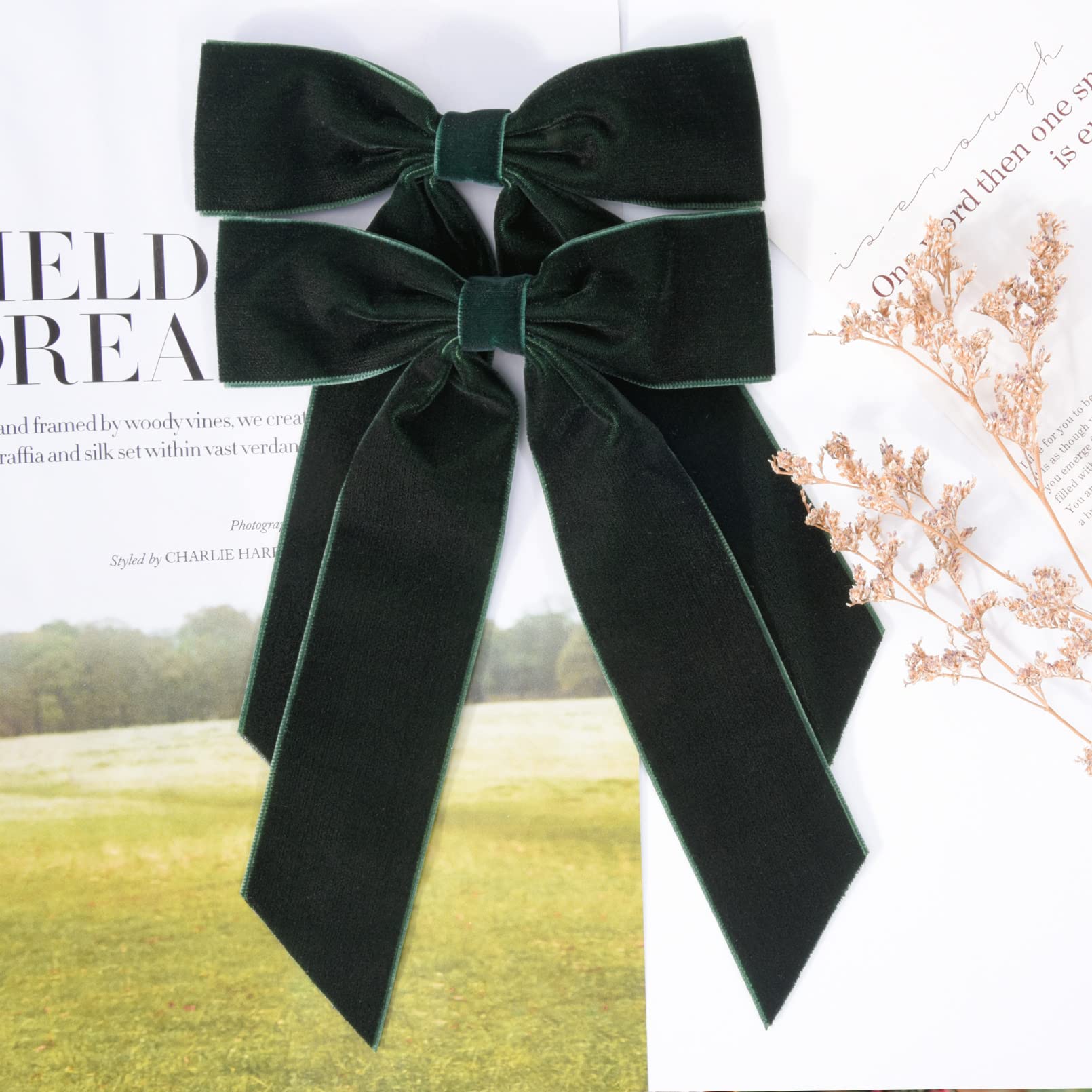 2Pcs Green Velvet Hair Bows Hair Clips 5'' Big Fall Alligator Clips Hair Accessories For Women Girls Toddlers Kids