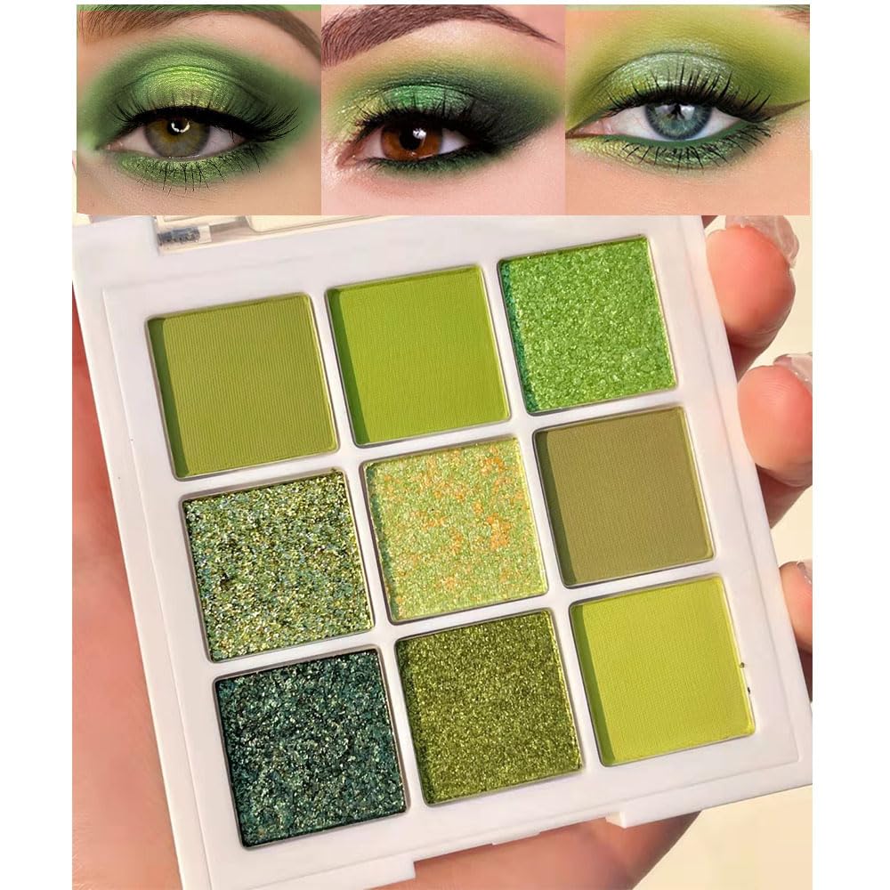 Green Glitter Shimmer Eye Shadow Makeup Palette 9 Colors,Light Bright Emerald Dark Avocado Neon Green Highly Pigmented Matte Gli