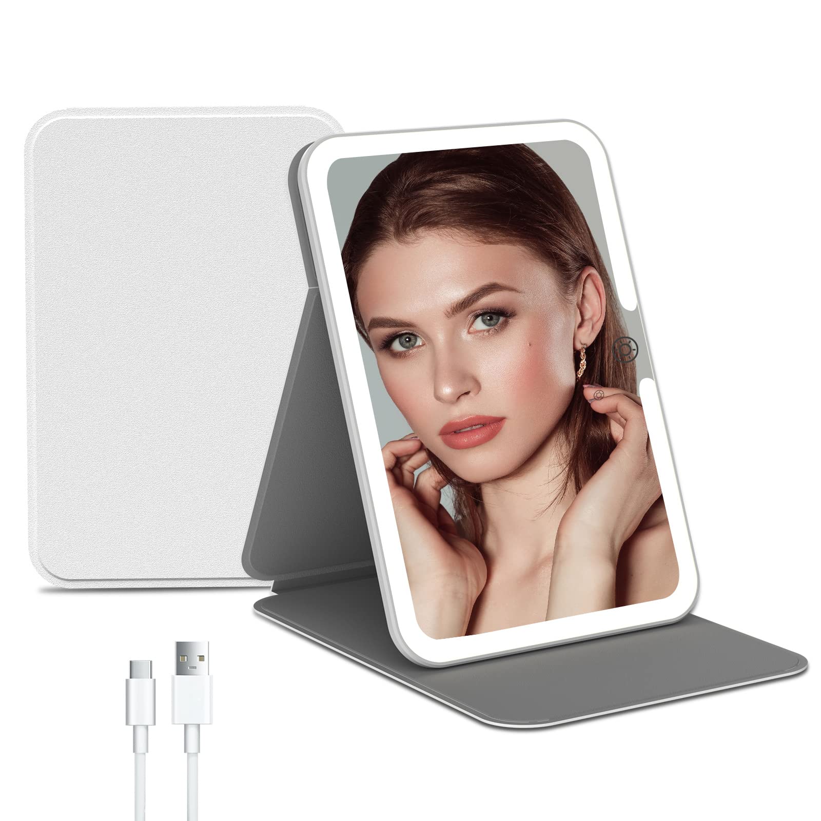 Rechargeable Travel Lighted Makeup Vanity Mirror with PU Leather Cover,Portable Travel Makeup Mirror with lights,3 Color Lightin