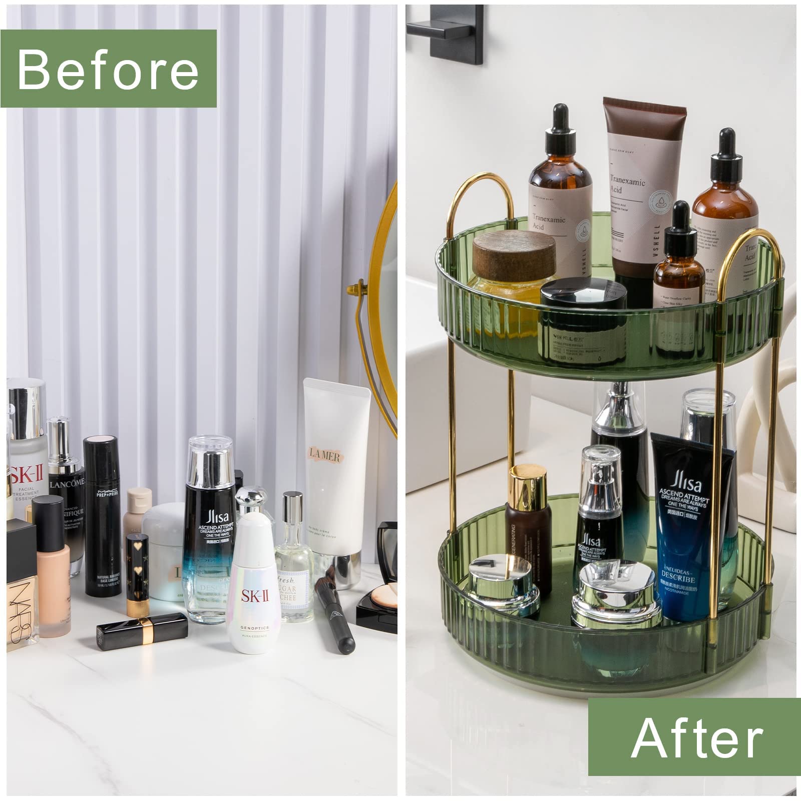 Shuang Qing Rotating Makeup Organizer For Vanity 2 Tier, High-Capacity Skincare Clear Make Up Storage Perfume Organizers Cosmeti