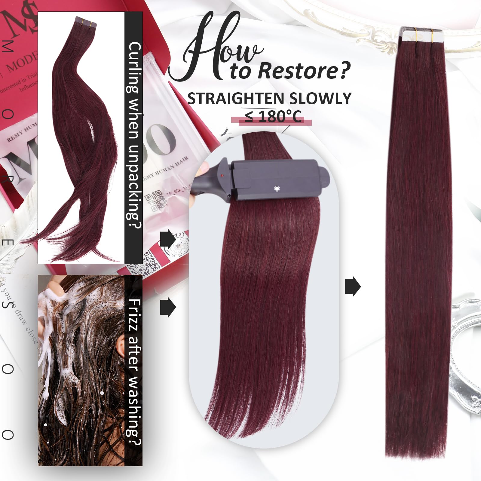 Moresoo 40 Pcs Tape In Hair Extensions Burgundy Hair Extensions For Women 12 Inch Real Human Hair Tape In Extensions 60G Fashion