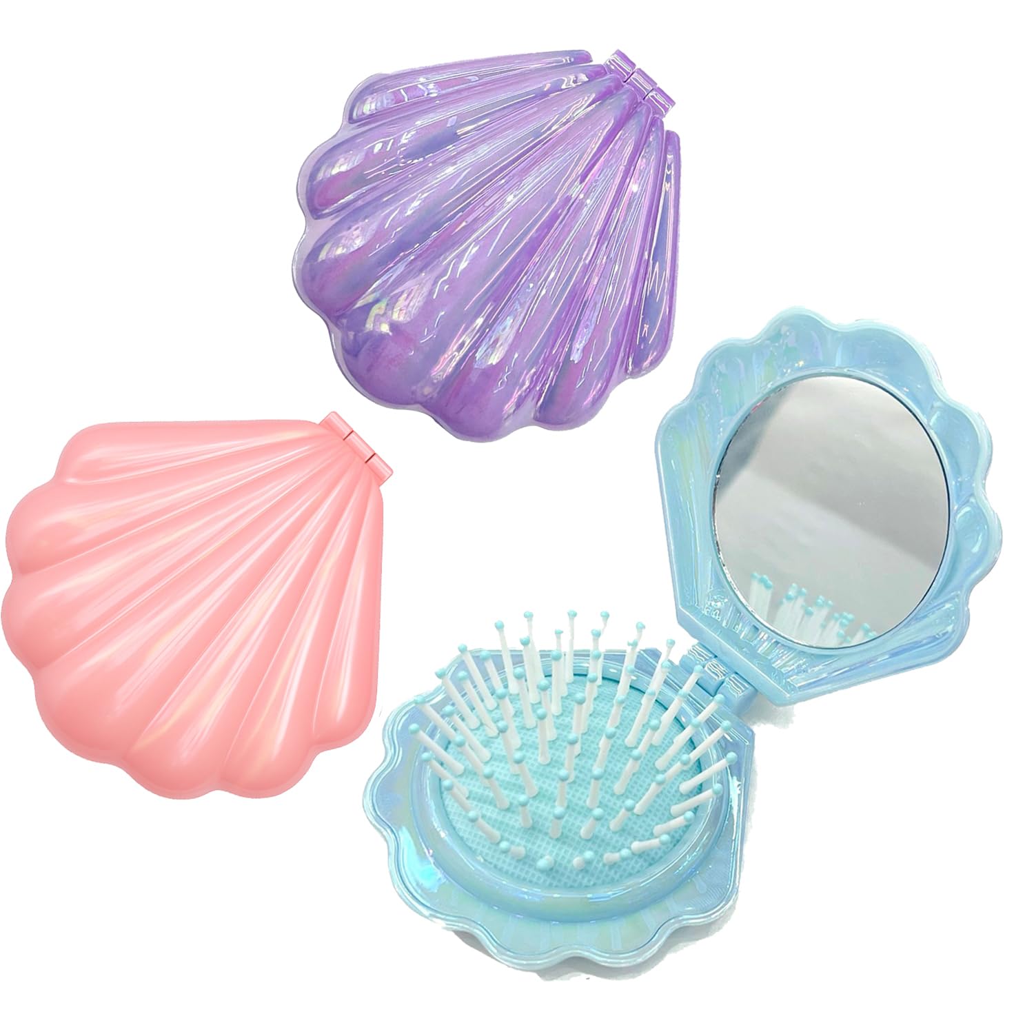 3Packs Portable Shell Hair Brush with Mirror Compact Folding Air Cushion Comb with Shiny Mermaid Seashell Design Foldable Travel