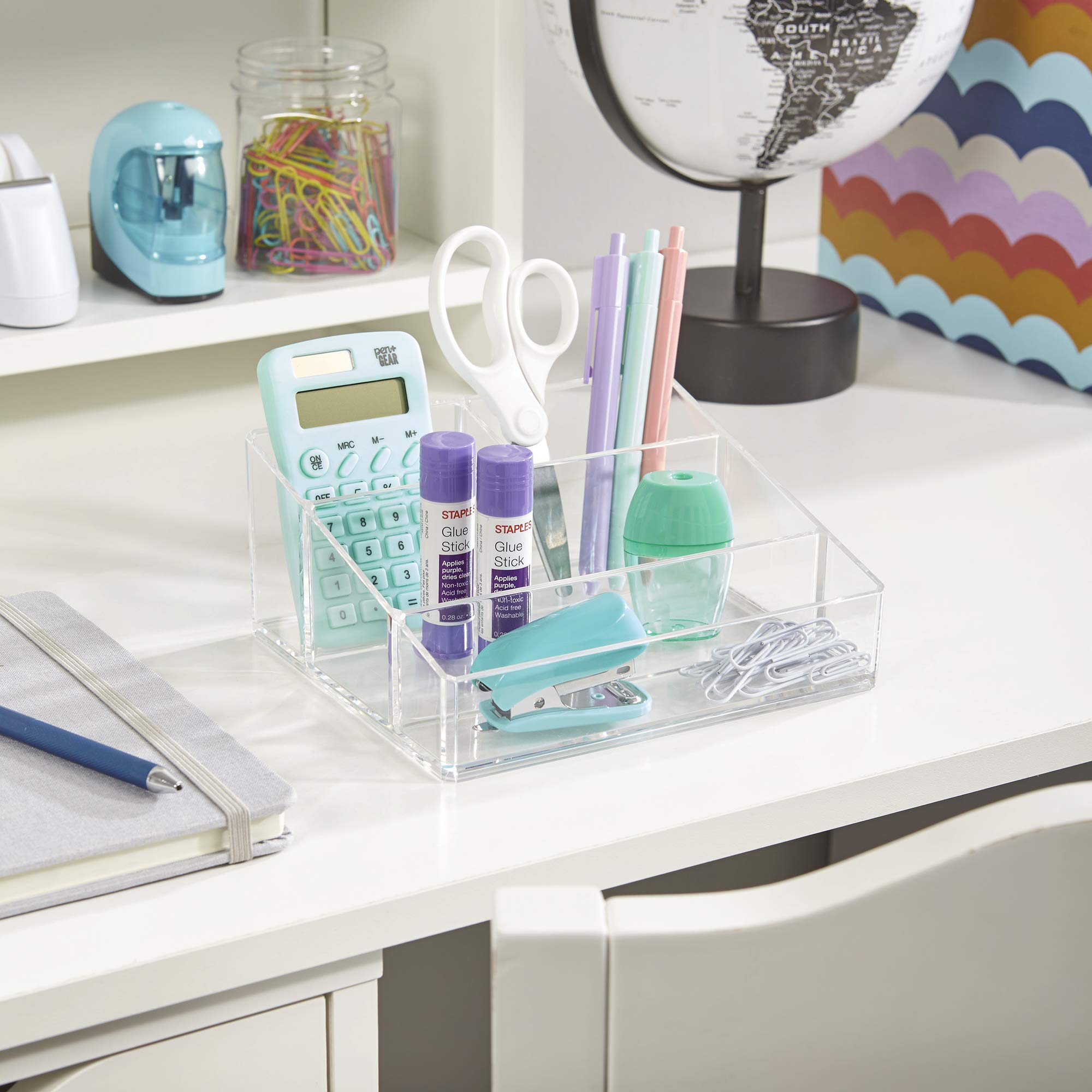 Stori Clear Plastic Vanity Makeup Organizer  Compact Rectangular 4-Compartment Holder For Brushes, Eyeshadow Palettes, & Beauty