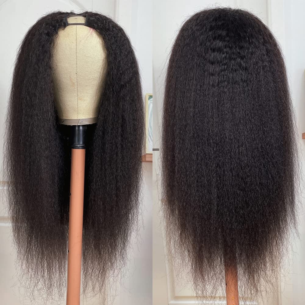 UNICE Kinky Straight V Part Wig - 18 Inch Human Hair, Glueless, Natural Color, Beginner Friendly, Clips In, 150% Density