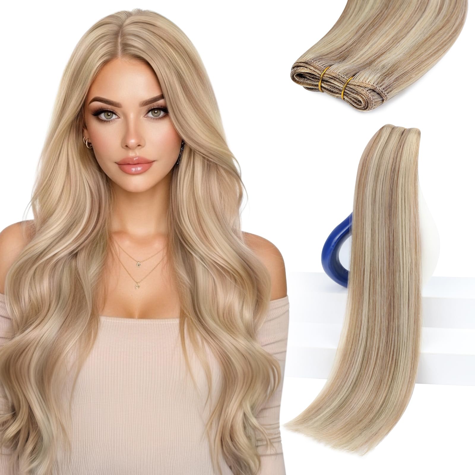 Sunny Hair Sew in Hair Extensions Real Human Hair 18 Inch Double-Wefted Ash Blonde Highlights Light Blonde Hand-Tied Bundles for